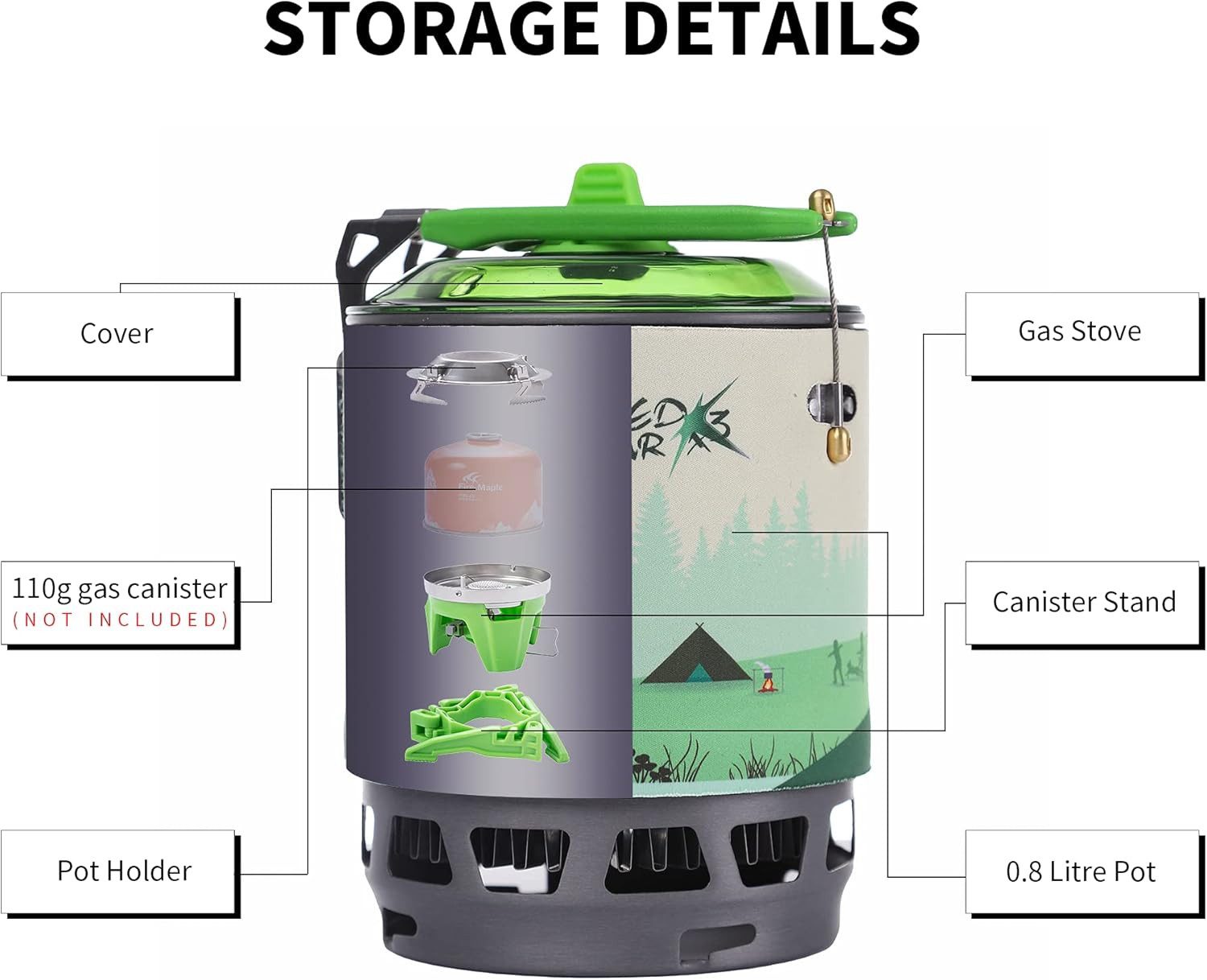 LA CUTE Gaskocher Campingkocher mit Piezo-Zündung und Wärmetauscher Outdoor, (Tragbares Camping-Kochset mit Topf, Deckel und Zubehör, Komplettes Outdoor-Kochsystem für 1–2 Personen mit Zubehör), Kompakter Campingkocher mit Wärmetauscher und Piezo-Zündung