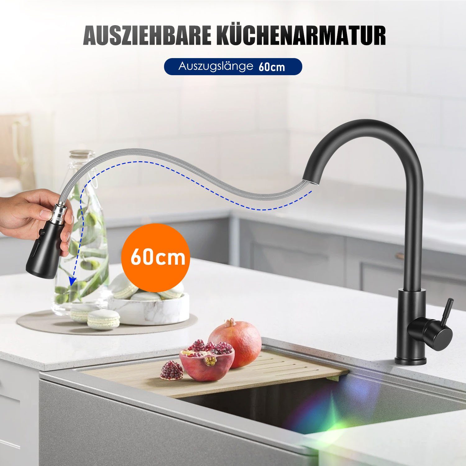 Edelstahl Brause Küchenarmatur Hochdruck mit Ausziehbar LETGOSPT B Schwarz Küchenarmatur Herausziehbare