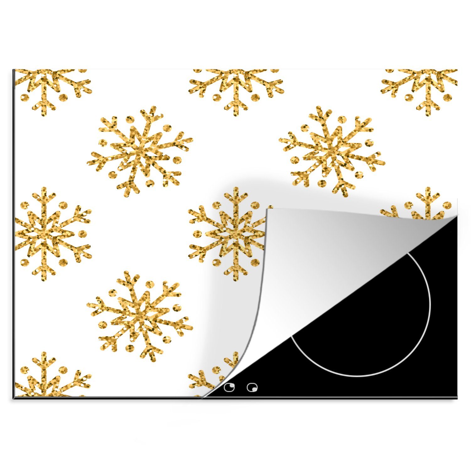 Gold MuchoWow Weihnachten cm, Glitter Design, 60x52 - Schneeflocke (1 tlg), - Ceranfeldabdeckung Herdblende-/Abdeckplatte Mobile nutzbar, - Arbeitsfläche - Vinyl,