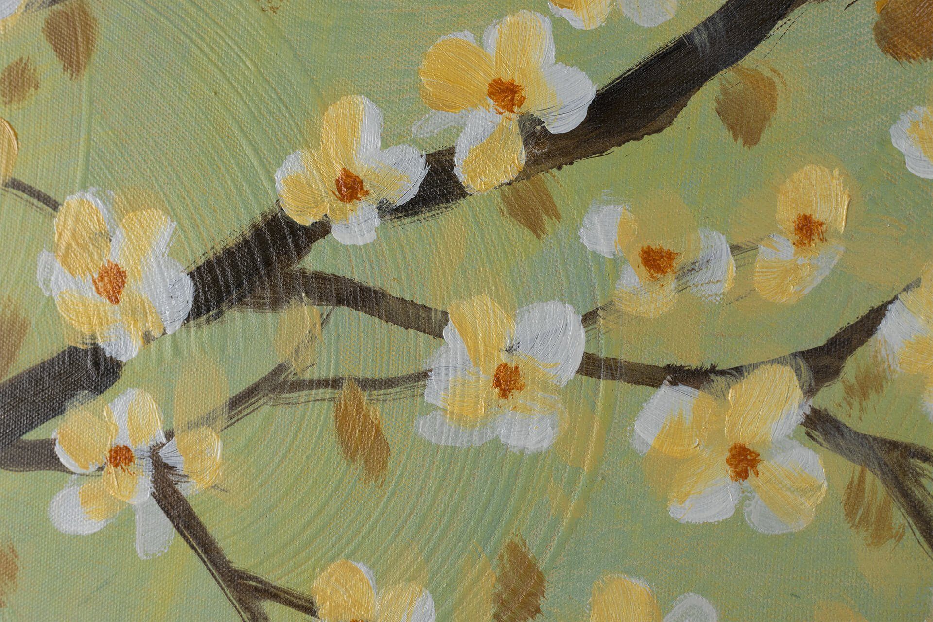 KUNSTLOFT Gemälde Kirschblüten 120x80 Wandbild 100% Wohnzimmer gelb HANDGEMALT weiß, cm, Leinwandbild