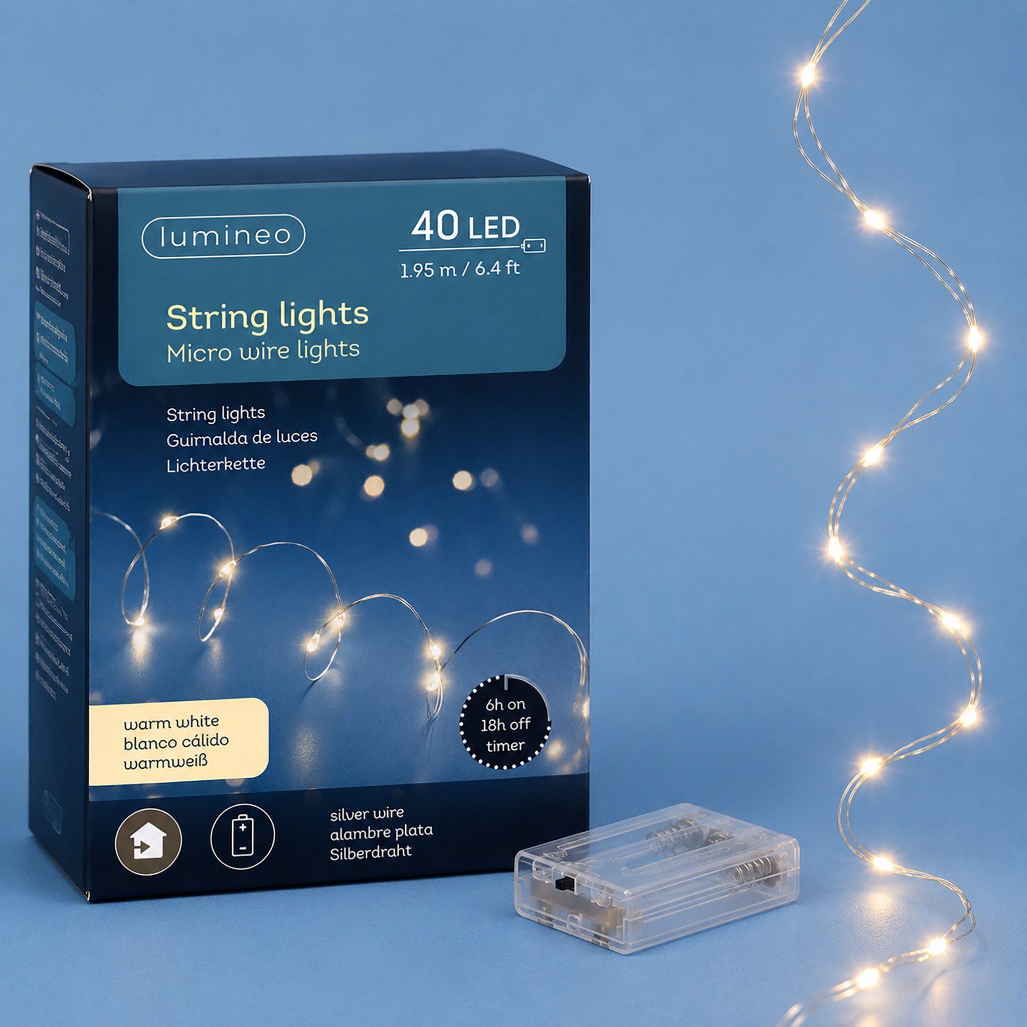 Lumineo LED-Lichterkette, LED Lichterkette mit Timer / Batteriebetrieb 195cm 40 LEDs Warmweiß