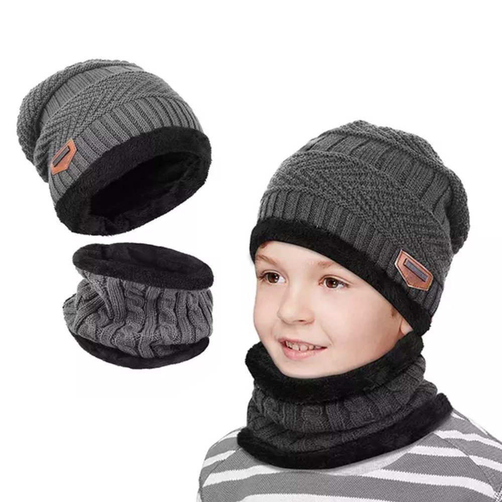 Alster  Herz Alster Herz Strickmütze Kinder Warme Strickmütze mit Schal, mit weichem Fleece, A0478 perfekt für Winter Grau