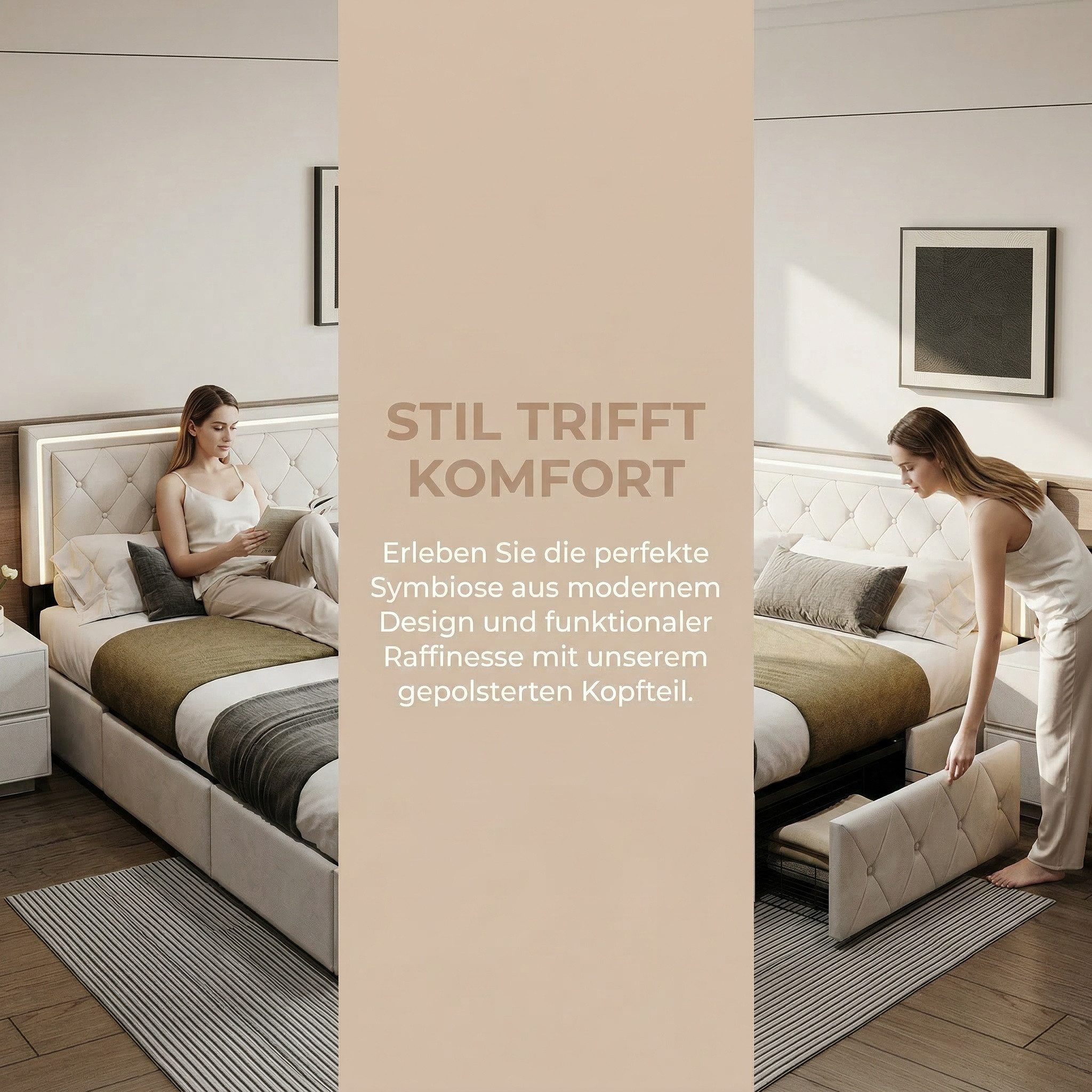 PXloue Polsterbett LED Doppelbett Stauraumbett (1 tlg., Kopfteil hochstellbar), mit 3 Schublade, LED-Beleuchtung, Gepolsterte Rückenlehne, 140x200cm