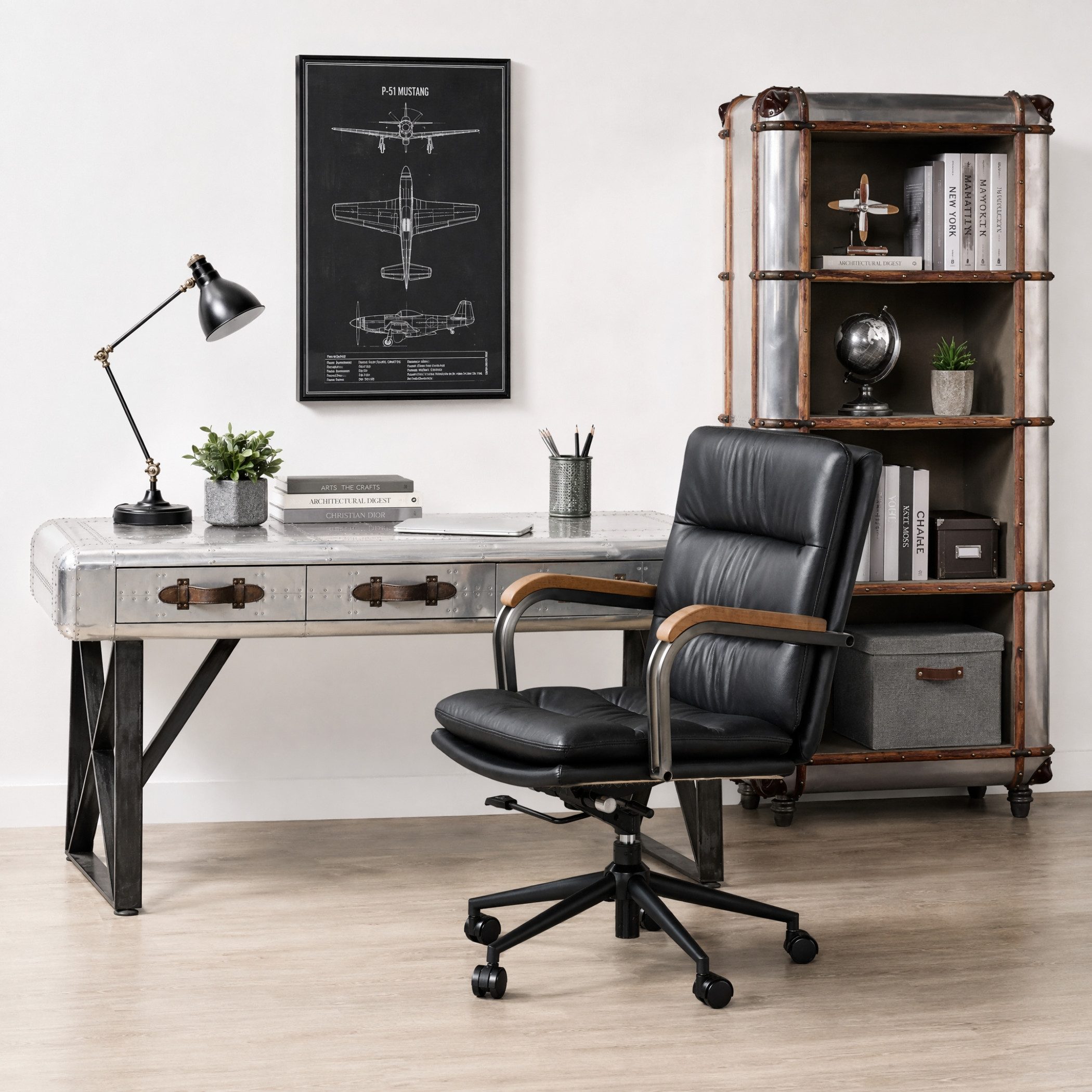 SeedWave Bürostuhl Lederbezug Chefsessel mit Holz-Armlehnen, Drehstuhl mit Wippfunktion, Industrial-Stil, bis 136kg belastbar, mit leisen Rollen