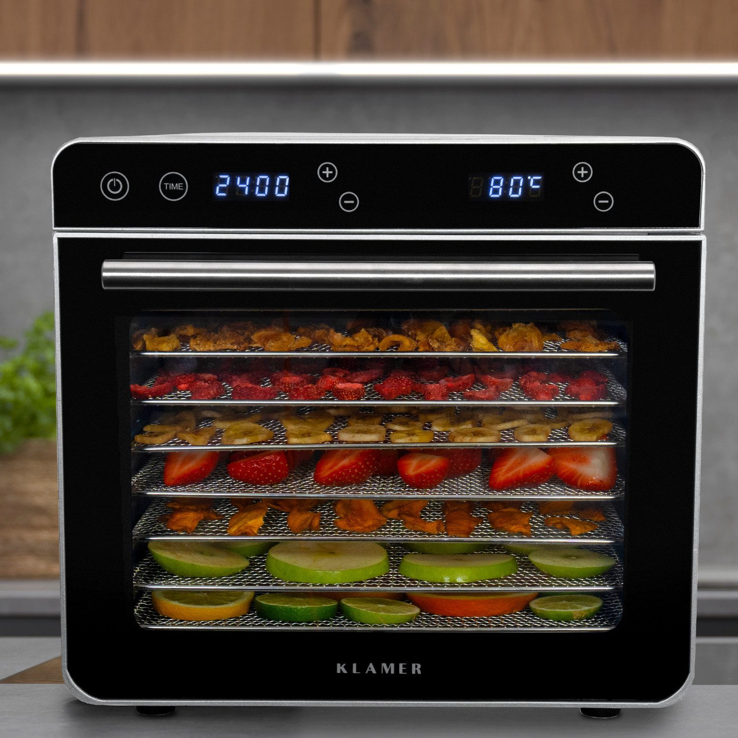 KLAMER Dörrautomat XL 700W Edelstahl, 8 Etagen, 24h Timer, 35–80°C, Dörrgerät 700 W, 8 Etagen, optimale Trocknung, 35-80°C, Timer, Gitter & Deckel BPA-frei – Bild 4 von 5