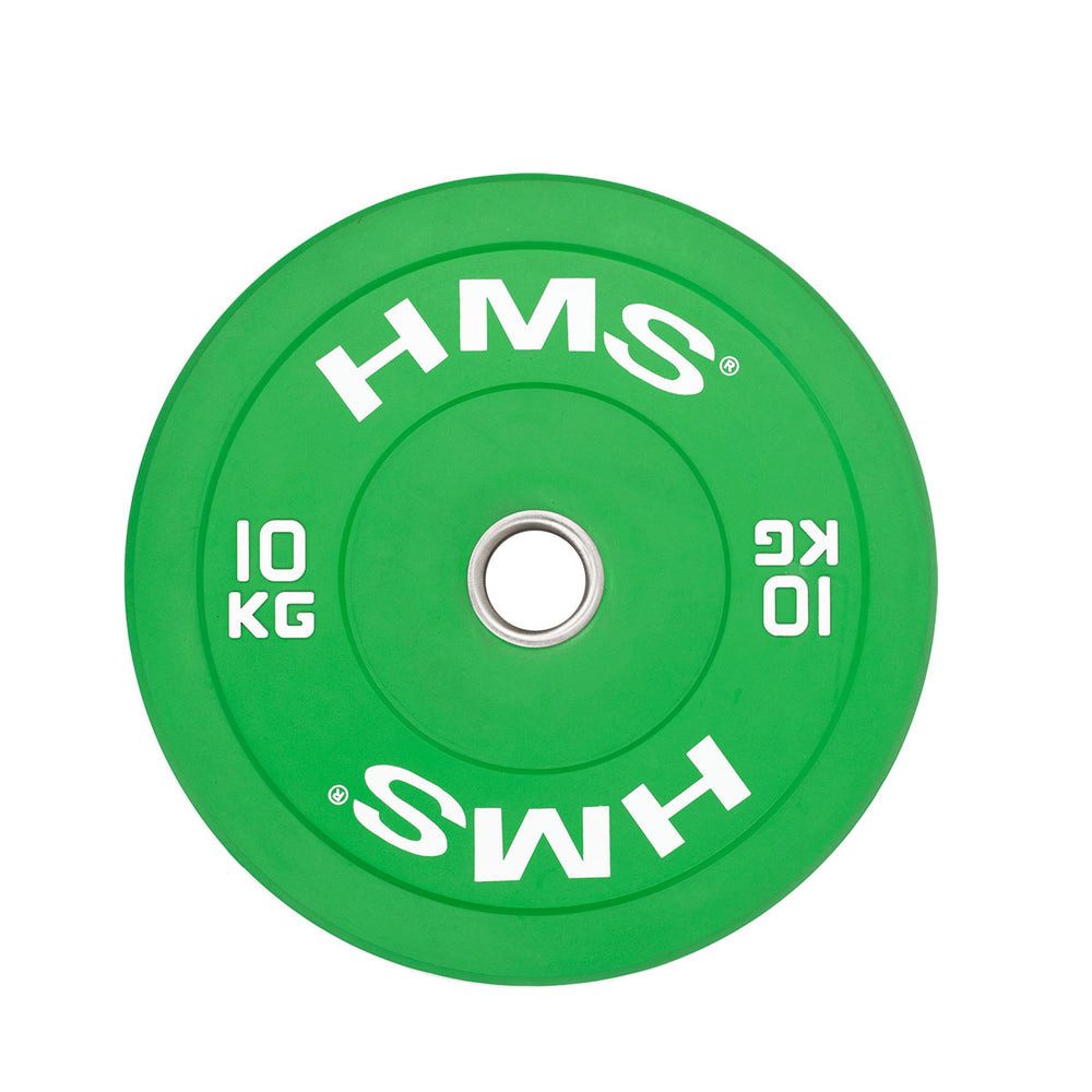 HMS Hantelscheibe Bumper Gewichtsscheibe Langhantelscheibe, 10.0 kg, (Spar-Set, 1-tlg., 45 cm Durchmesser grün), gummiert, kalibriert, IWF-Farbcode, Edelstahl