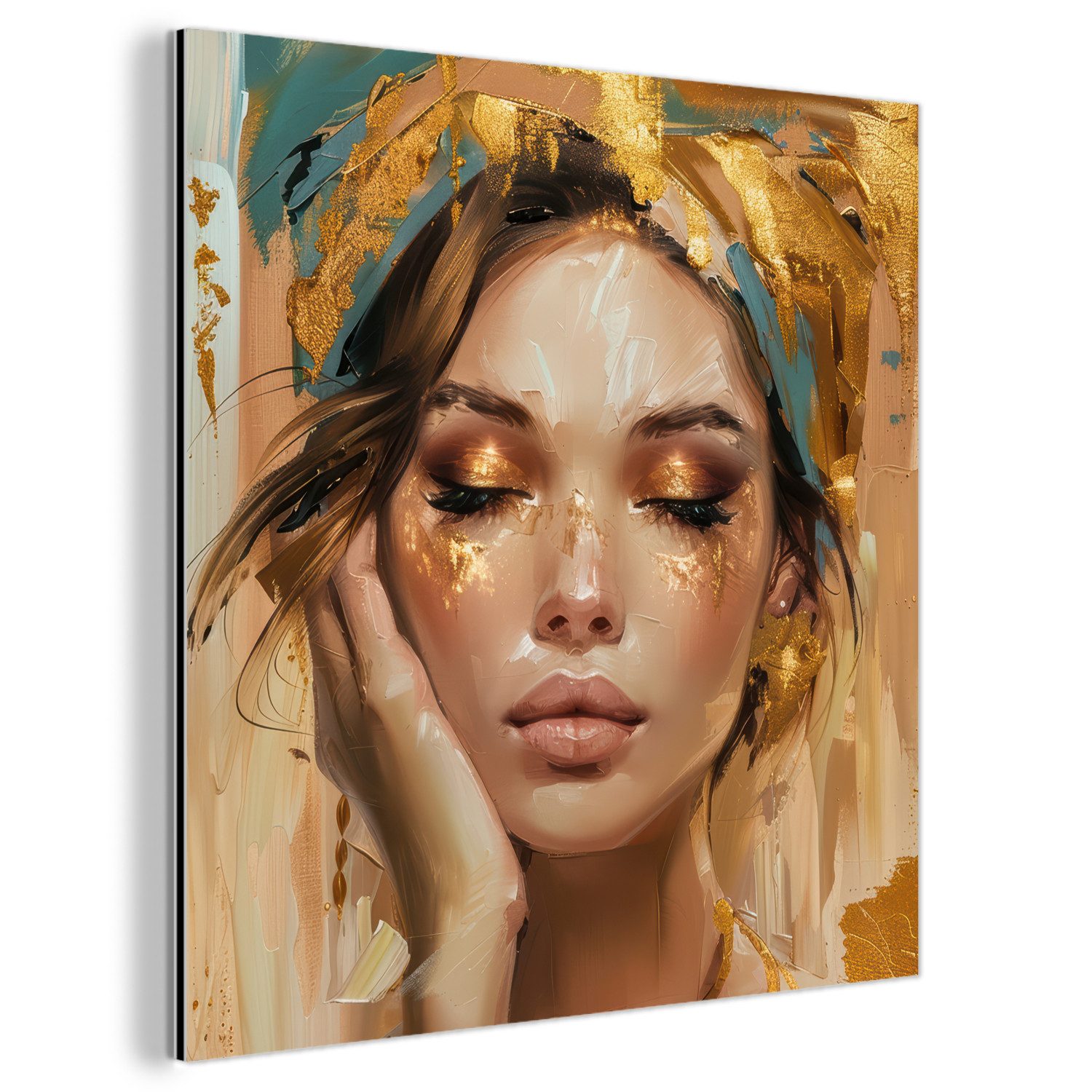 MuchoWow Metallbild Frauen - Porträt - Luxus - Gold, Inkl. Aufhängung, Alu-Dibond-Druck, Wandbild aus Metall, Aluminium deko, 20x20 cm