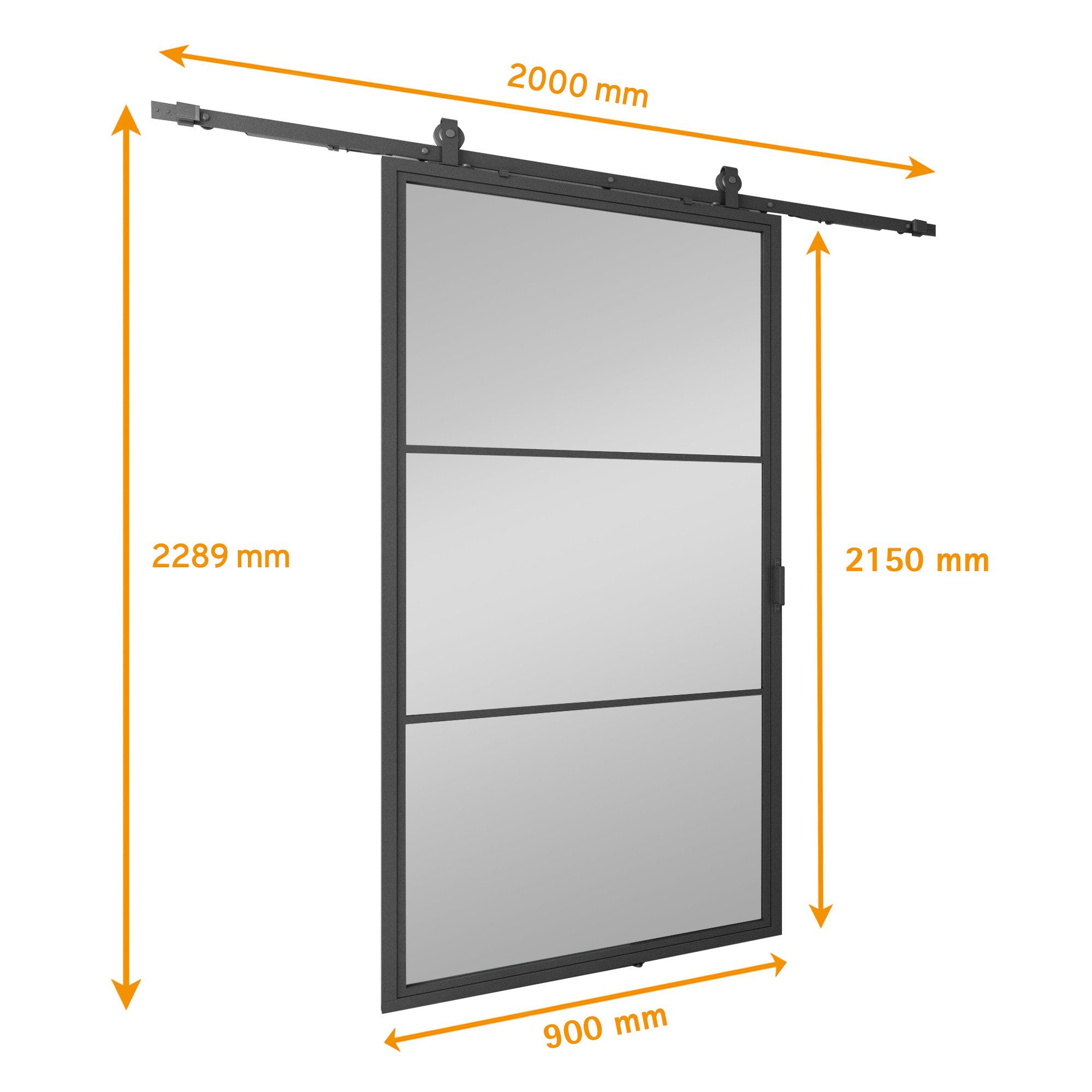 inova wohnen Glasschiebetür Grauglas schwarzer Stahlrahmen, Komplett Set offene Laufschiene Softclose Loftstyle