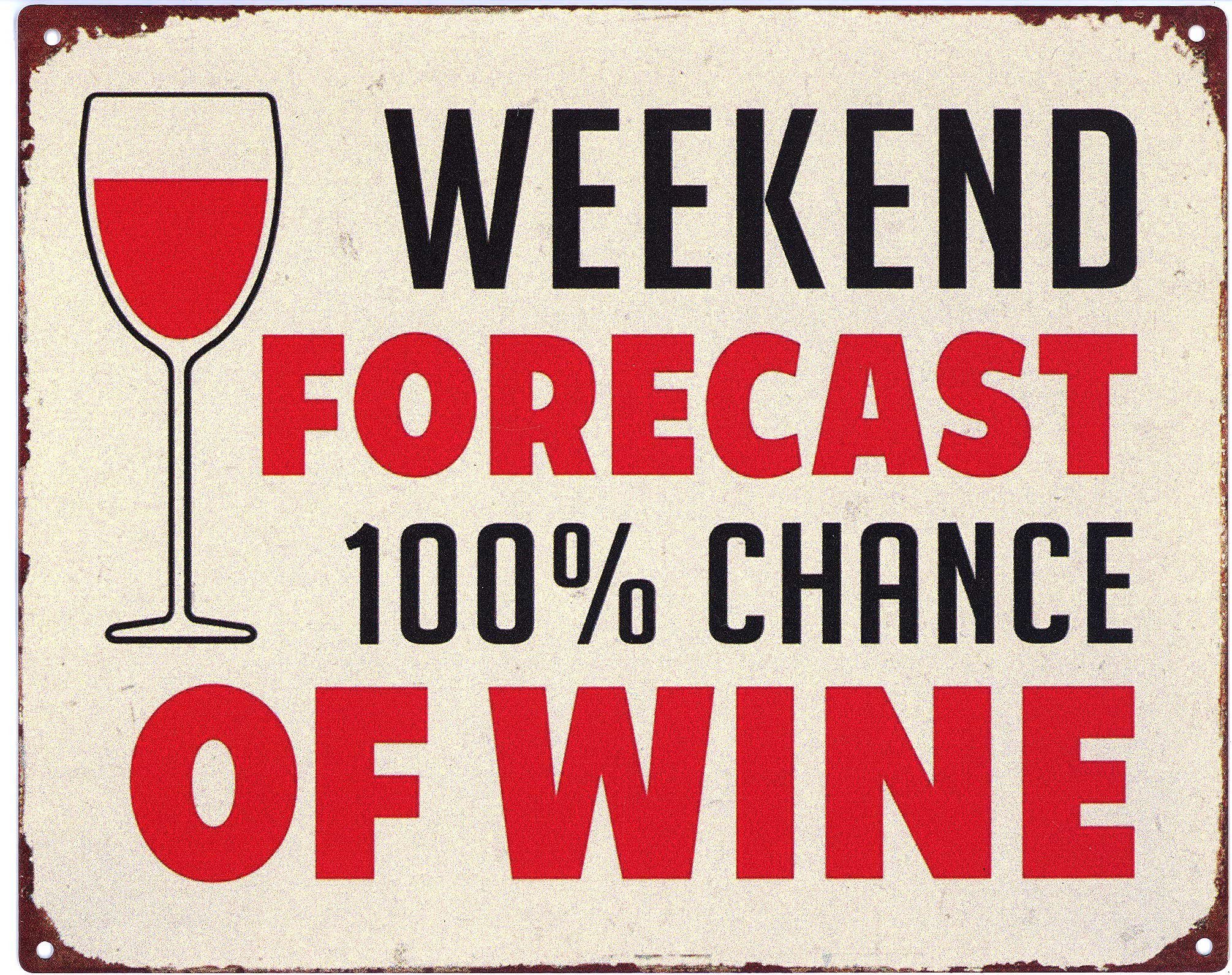 Metallschild Blechschild Weekend 100% Chance of Wine