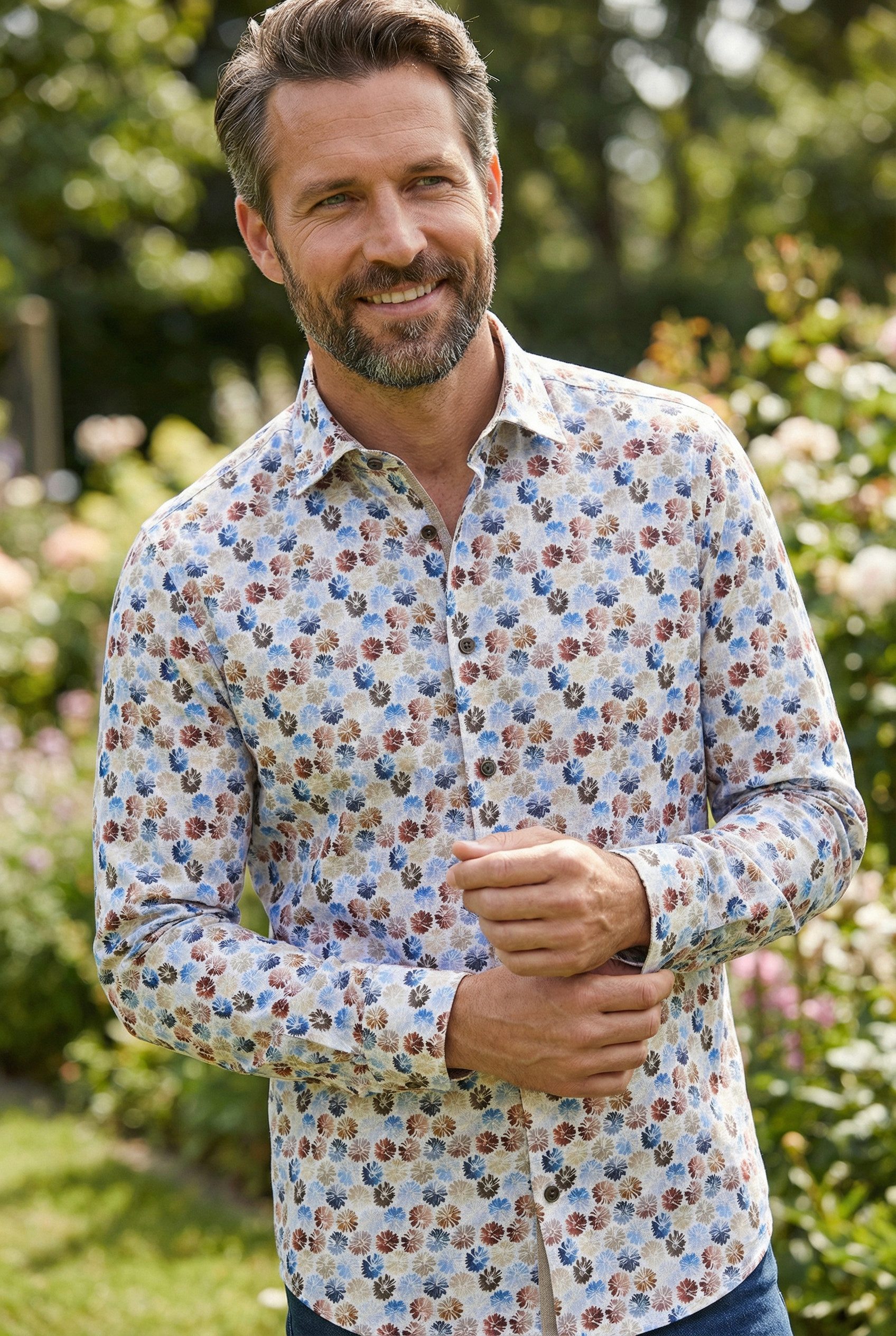 Haupt Langarmhemd Modern Fit Langarm Baumwoll-Herrenhemd Blumenprint Weiß Style Frühling