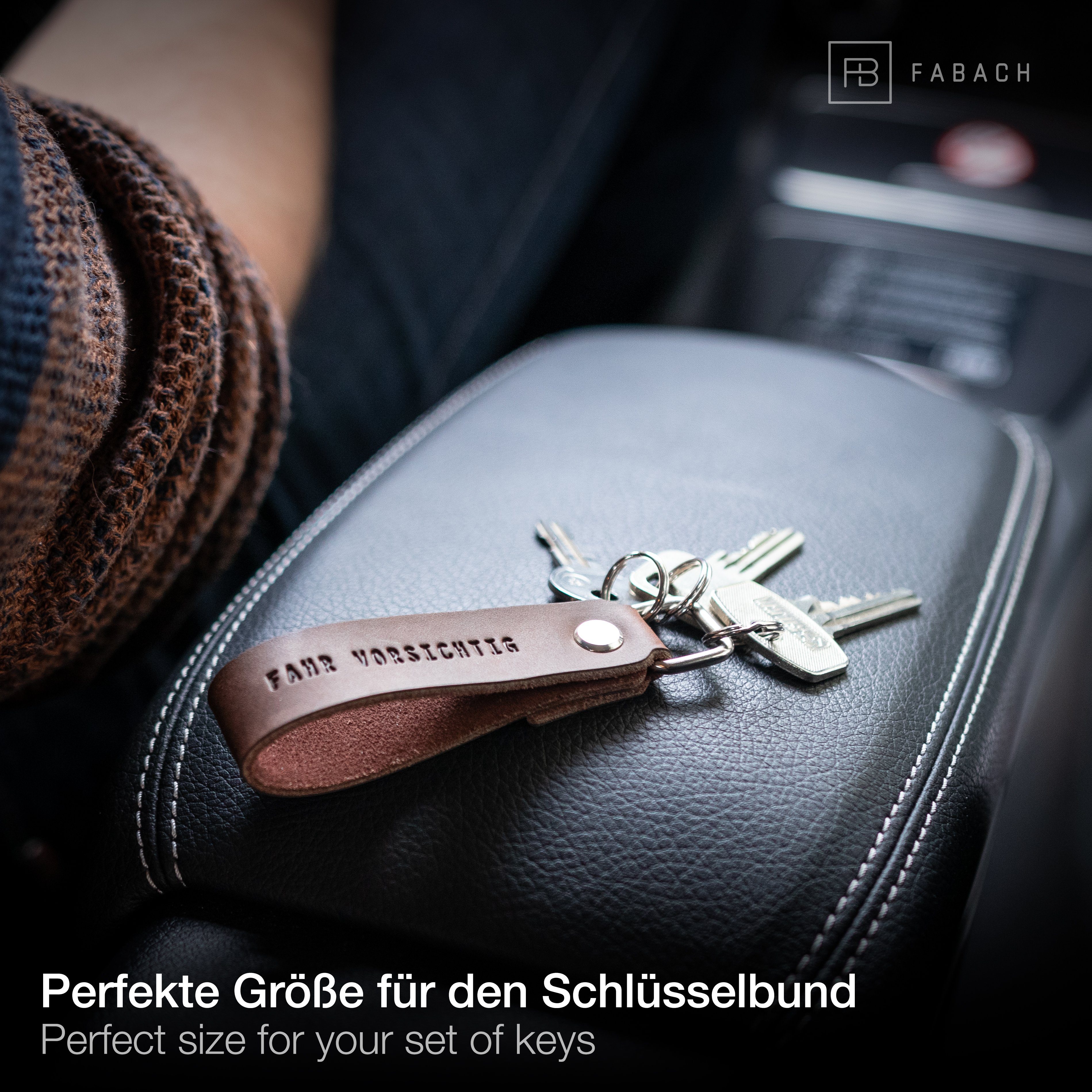 FABACH Anhänger Braun "Fahr wechselbarer vorsichtig" Gravur Schlüsselring Leder - Schlüsselanhänger