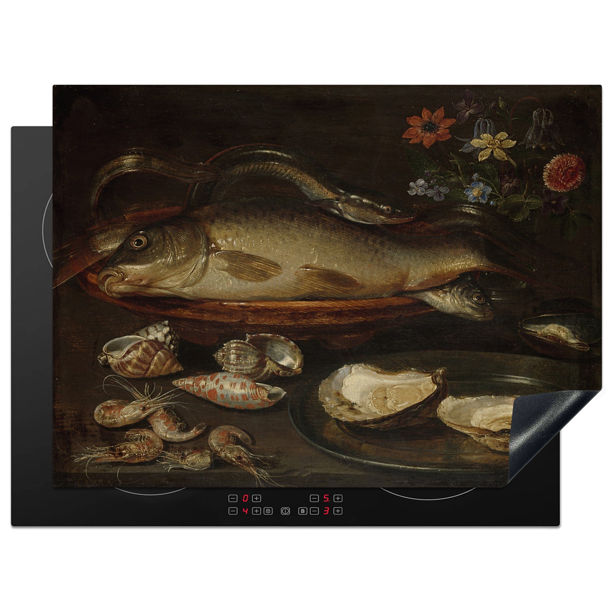 MuchoWow Herdblende-/Abdeckplatte Stilleben mit Fischen, Austern und Garnelen - Gemälde von Clara, Vinyl, (1 tlg), 70x52 cm, Mobile Arbeitsfläche nutzbar, Ceranfeldabdeckung