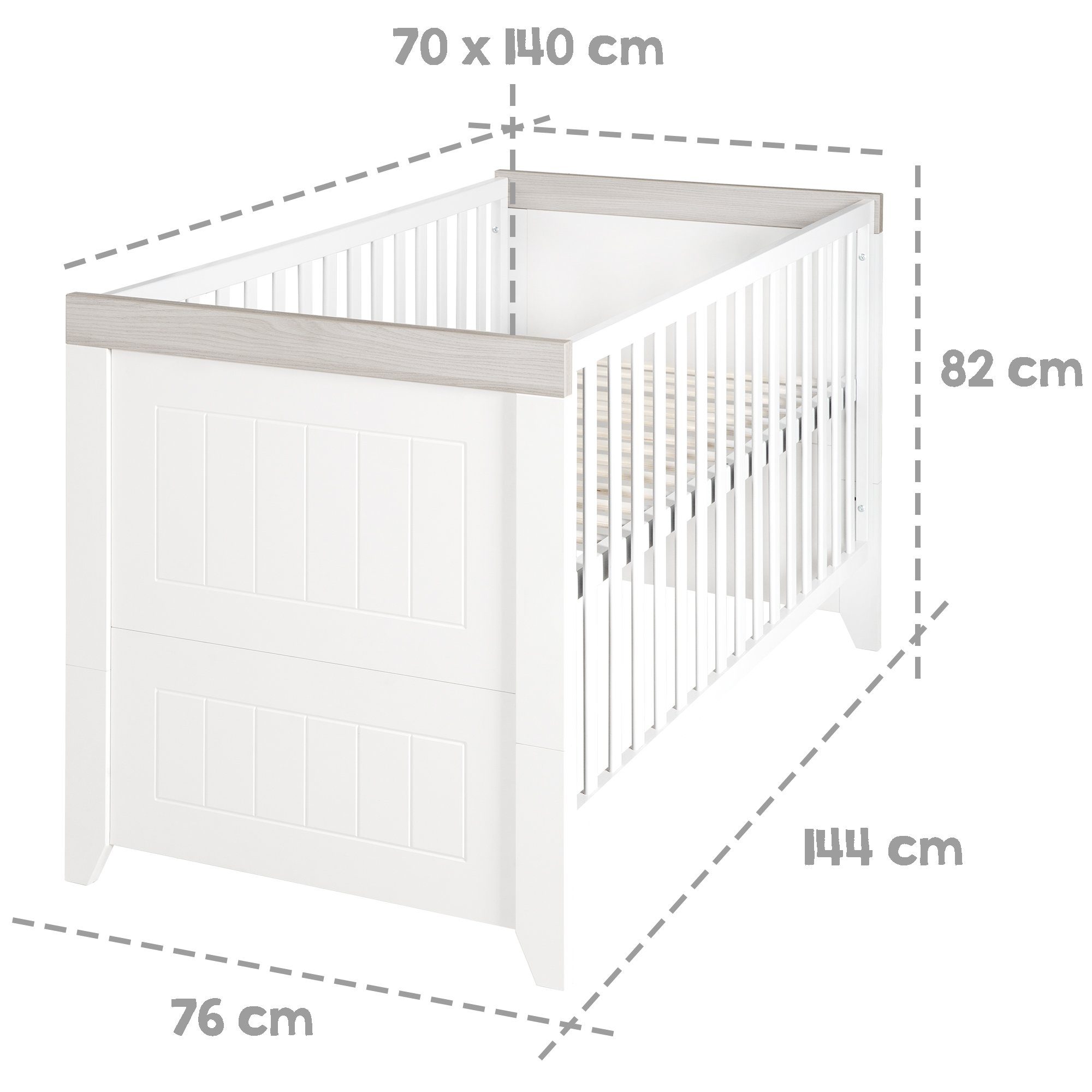roba® Babybett Wilma, Gitterbett weiß / Luna Elm, 3-fach höhenverstellbar