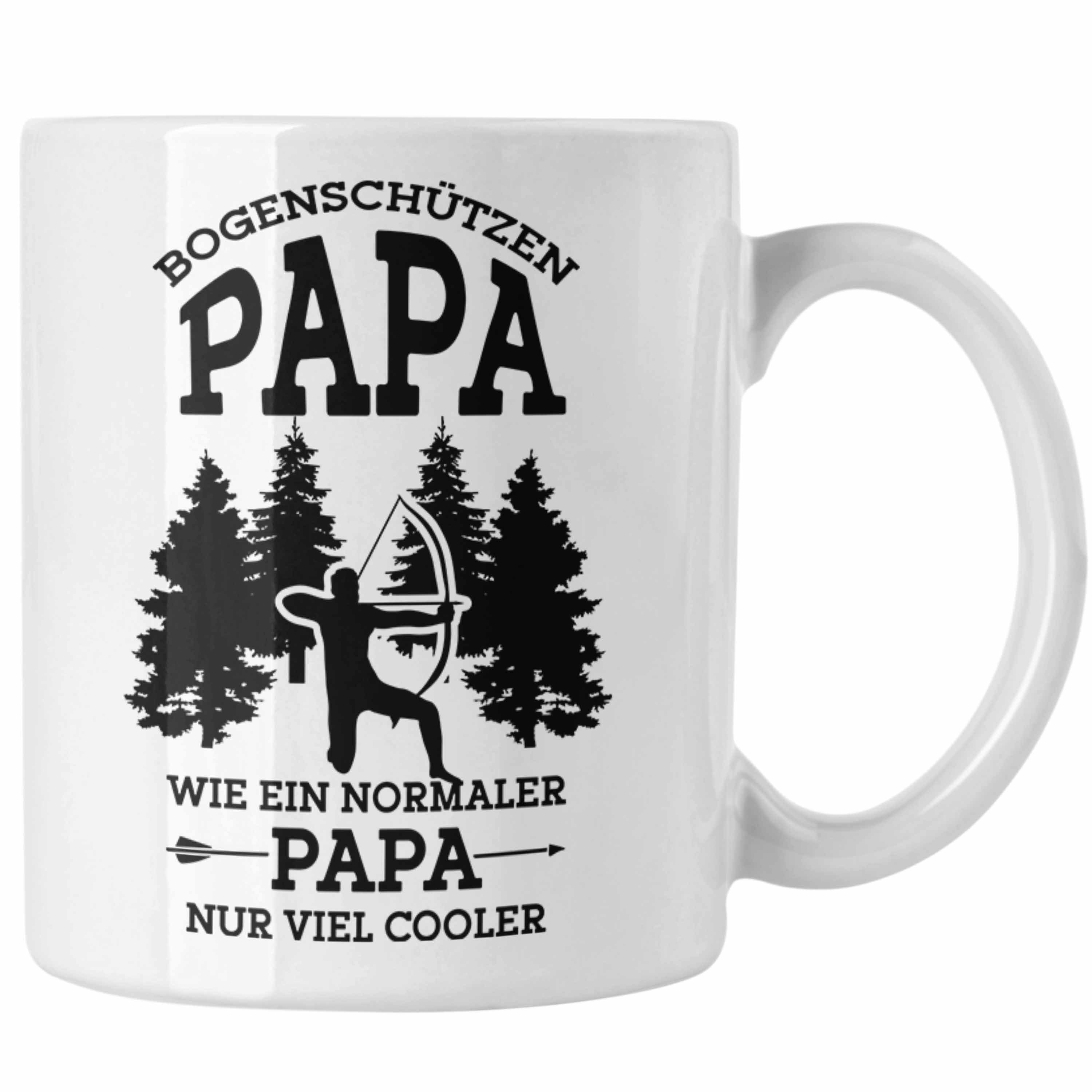 Trendation Tasse Lustige Bogenschießen Tasse für Papa Bogenschütze Geschenkidee Vatert Weiss