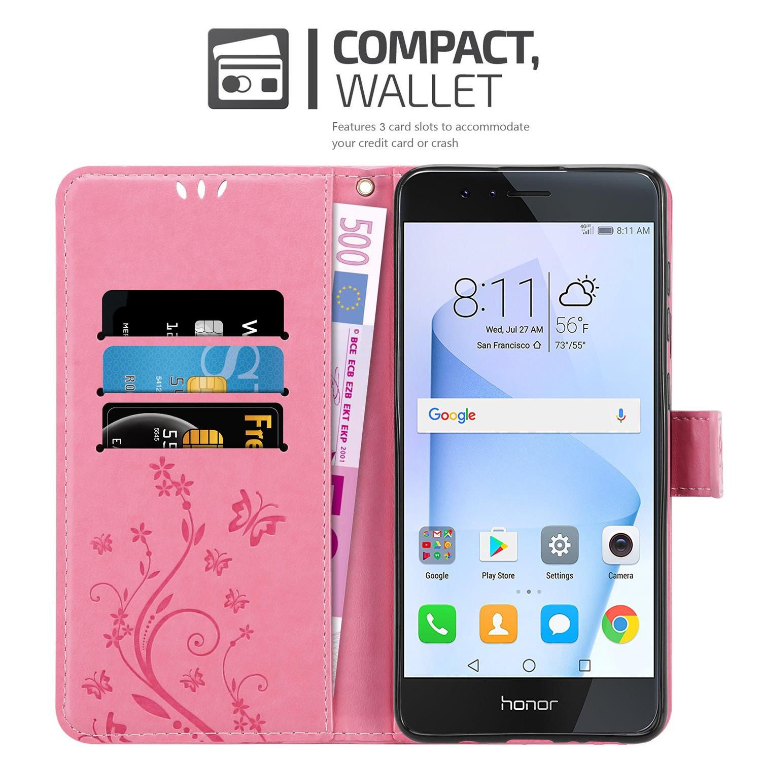 Cadorabo Handyhülle für Honor 8 / 8 PREMIUM Hülle Honor 8 / 8 PREMIUM, Hülle Schutzhülle Blumen Flower mit Standfunktion Kartenfach Magnet