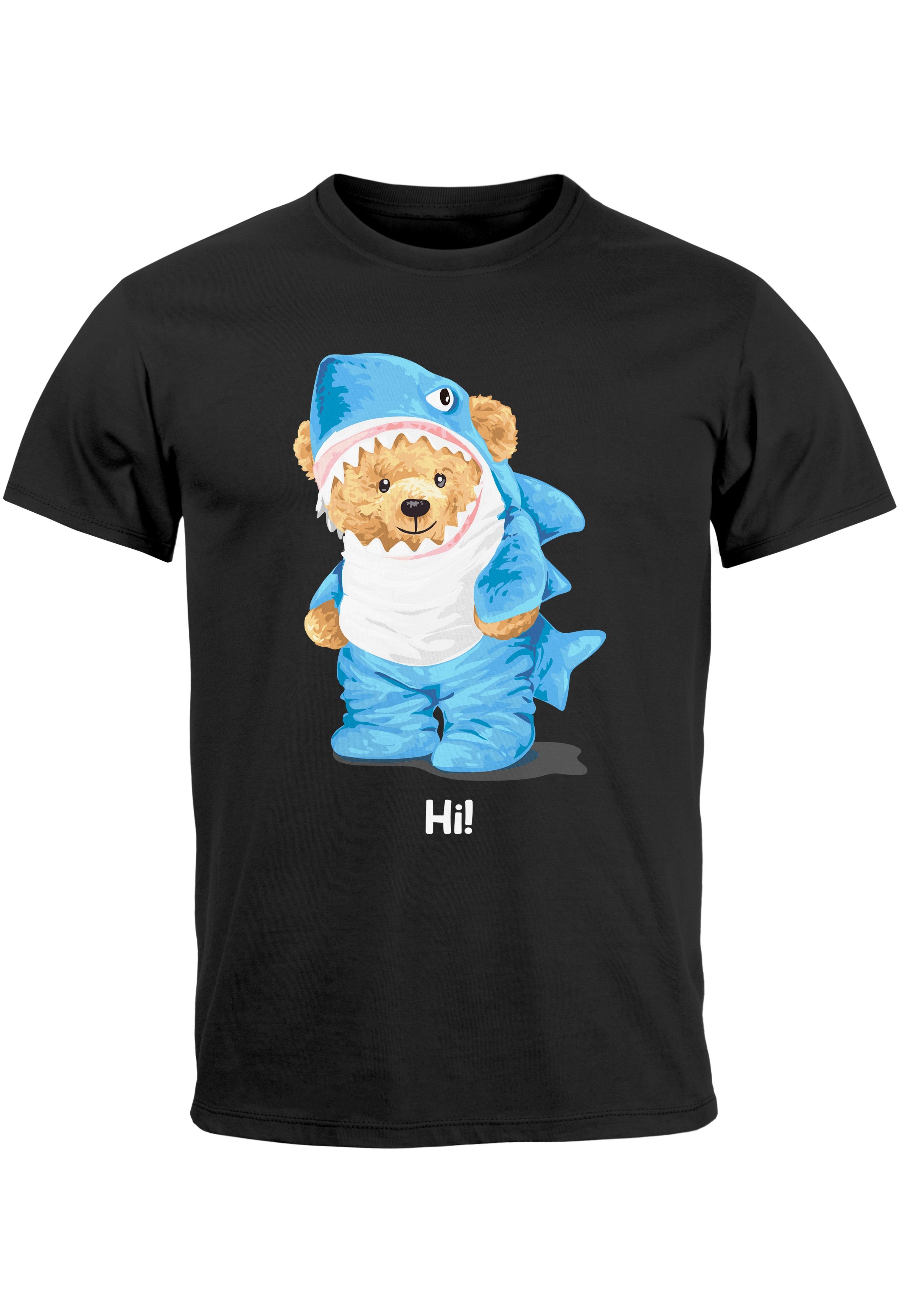Neverless Print-Shirt Herren T-Shirt Hai Hi Teddy Bär Witz Parodie Printshirt Aufdruck Fashi mit Print schwarz