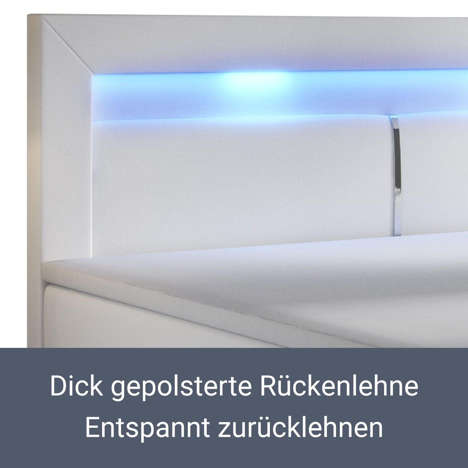 und Bett 200 Kopfteil cm, Norfolk, Topper, LED-Beleuchtung Juskys Federkernmatratze, 120 x weiß mit Boxspringbett