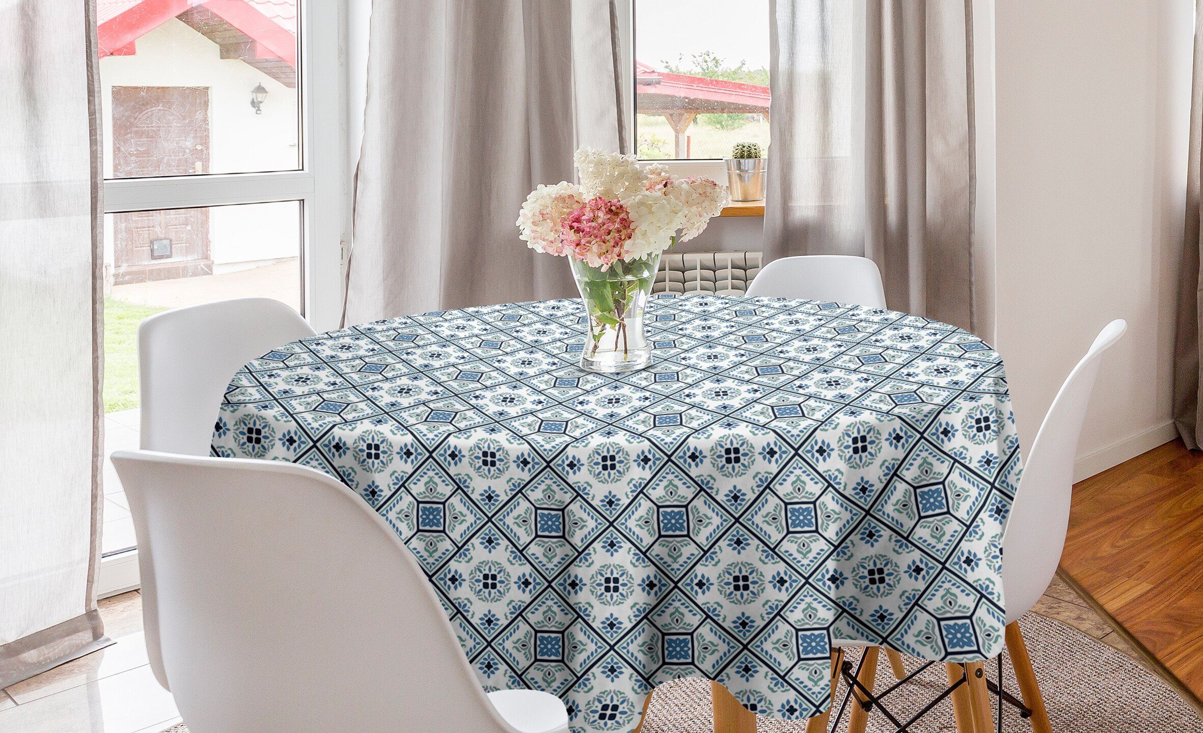 Abakuhaus Tischdecke Kreis Tischdecke Abdeckung für Esszimmer Küche Dekoration, Azulejos Bläulich Ethnische Blumenmotiv