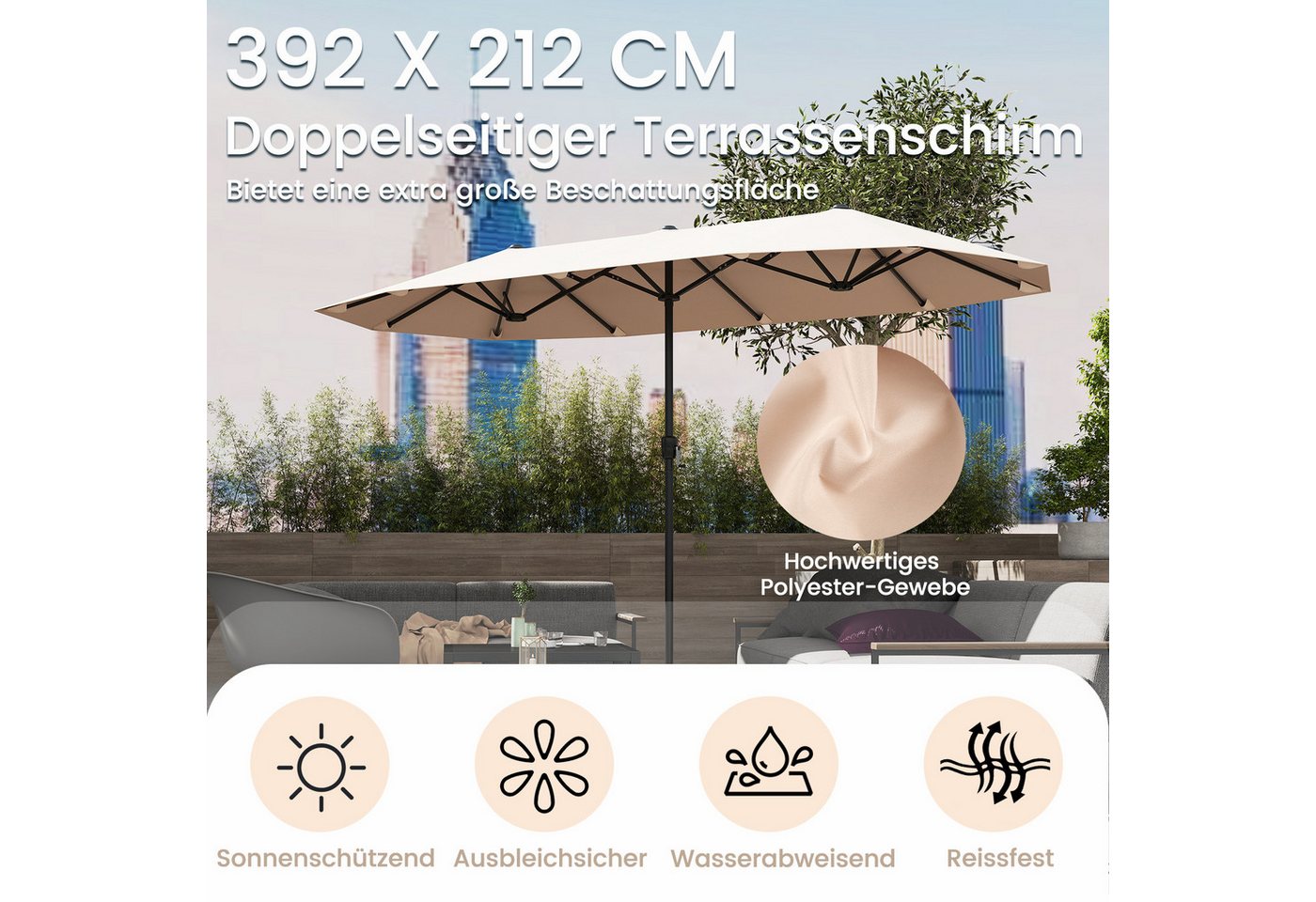 Thumbnail - COSTWAY Sonnenschirm, LxB: 380x200 cm, doppelseitig, mit Kurbelgriff