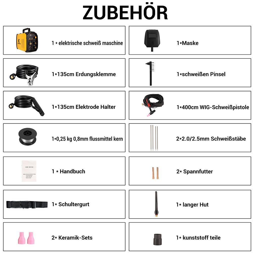 CONENTOOL Elektroschweißgerät 2-in-1 MMA TIG, 10,00 - 200,00 A, Elektrodenhalter, Fülldraht, Schweißbürste