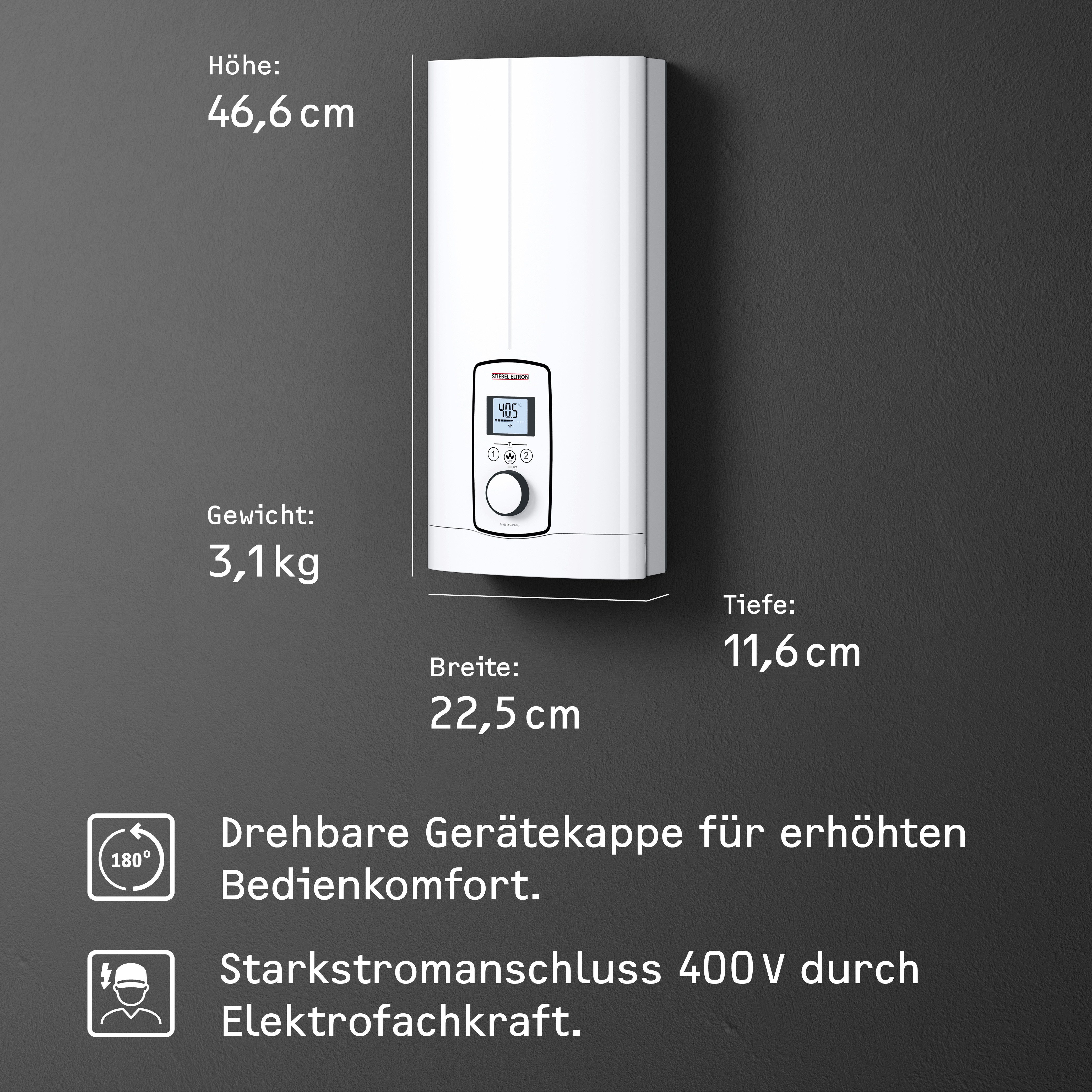 STIEBEL ELTRON Komfort-Durchlauferhitzer DEL 27 kW Plus, gradgenaue Temperaturwahl, elektronisch, min. 20 °C, max. 60 °C, 3i Technologie für konstante Warmwassertemperatur, Multifunkt.-Display