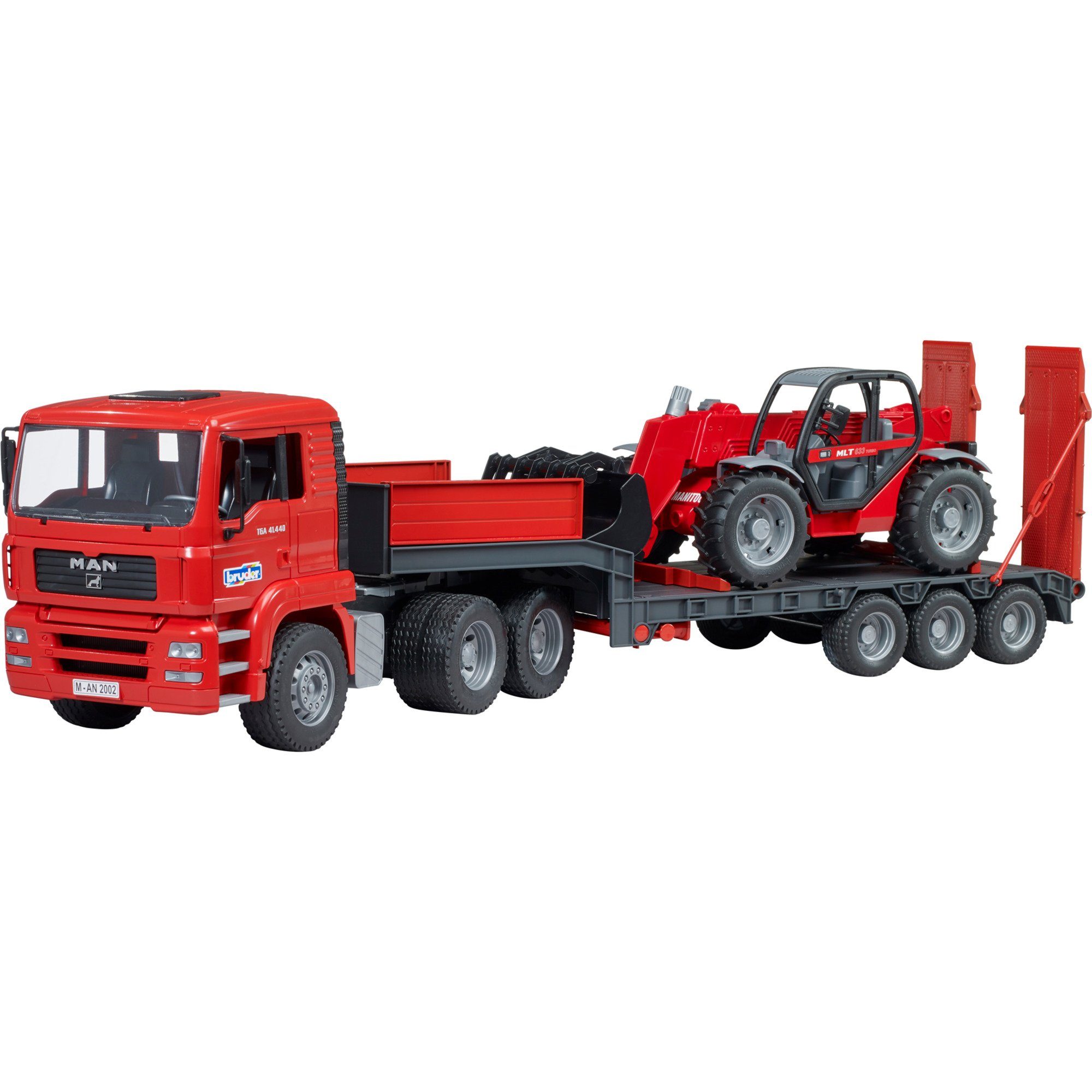 Spielzeug-LKW bruder MAN TGA Tieflader mit Manitou Teleskoplader
