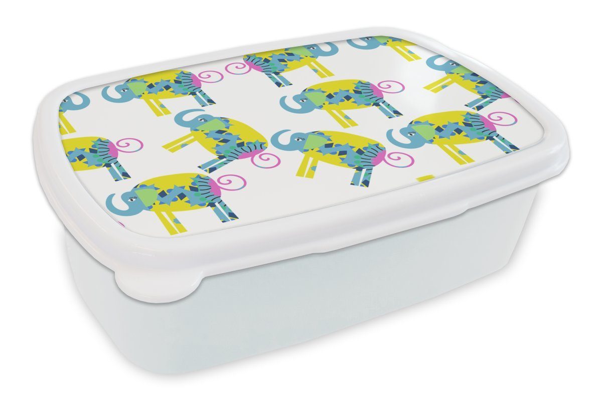 MuchoWow Lunchbox Elefant - Gelb - Ornament - Muster, Kunststoff, (2-tlg), Brotbox für Kinder und Erwachsene, Brotdose, für Jungs und Mädchen weiß