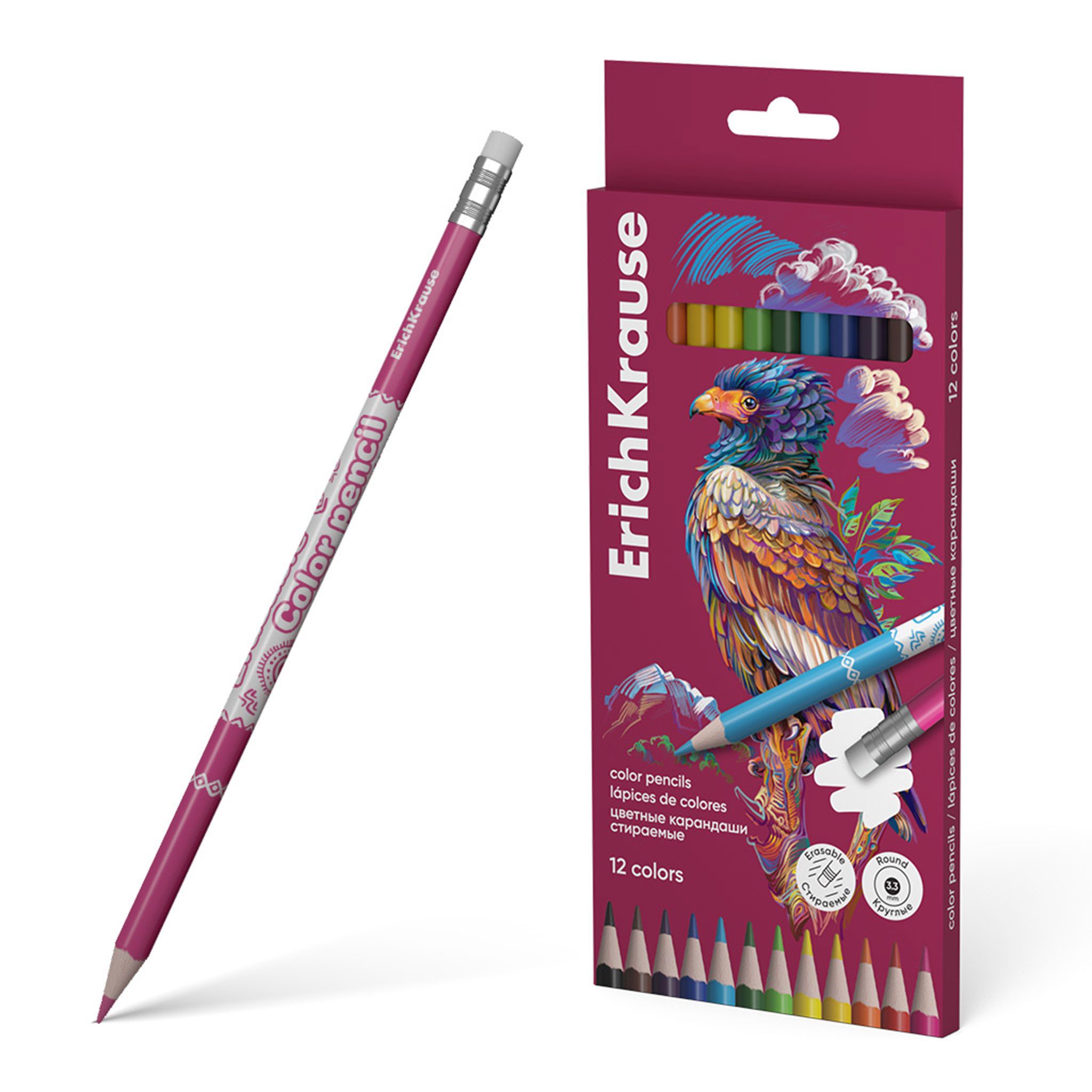 Erich Krause Bleistift, Buntstifte 12 Farben 3,3mm Holz mit Radiergummi 12er Set