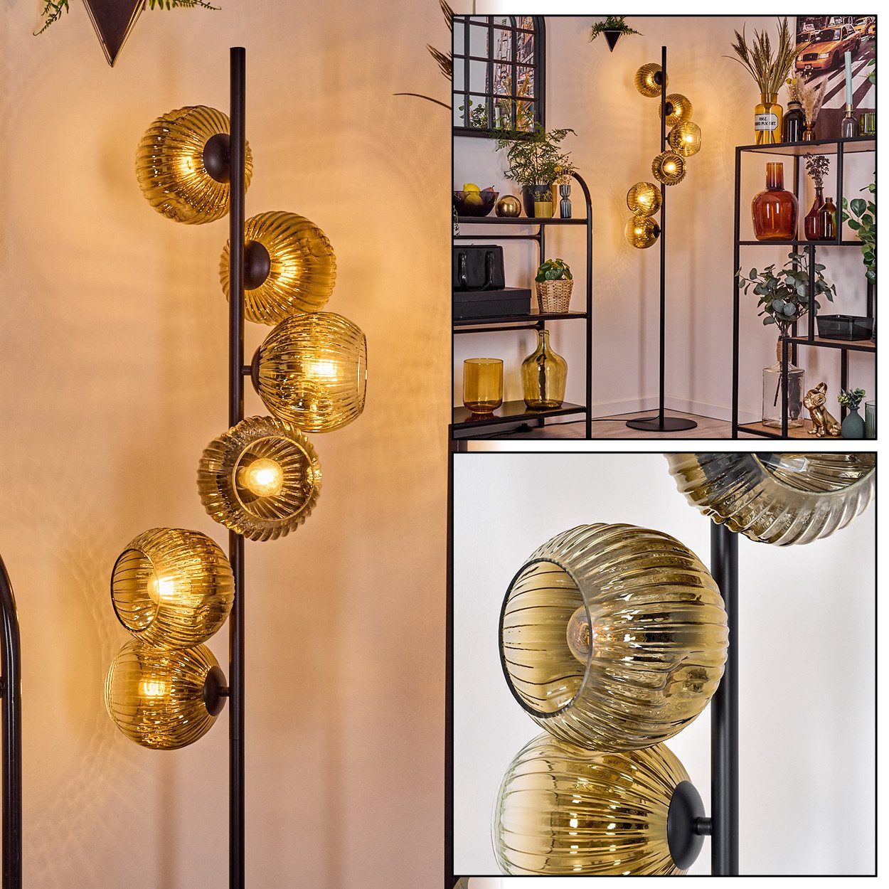 hofstein Stehlampe Stehlampe aus Metall/Riffelglas in Schwarz/Goldfarben/Klar, ohne Leuchtmittel, Stehleuchte Retro/Vintage, Ø Schirme 15 cm, Fußschalter, 160 cm, E14