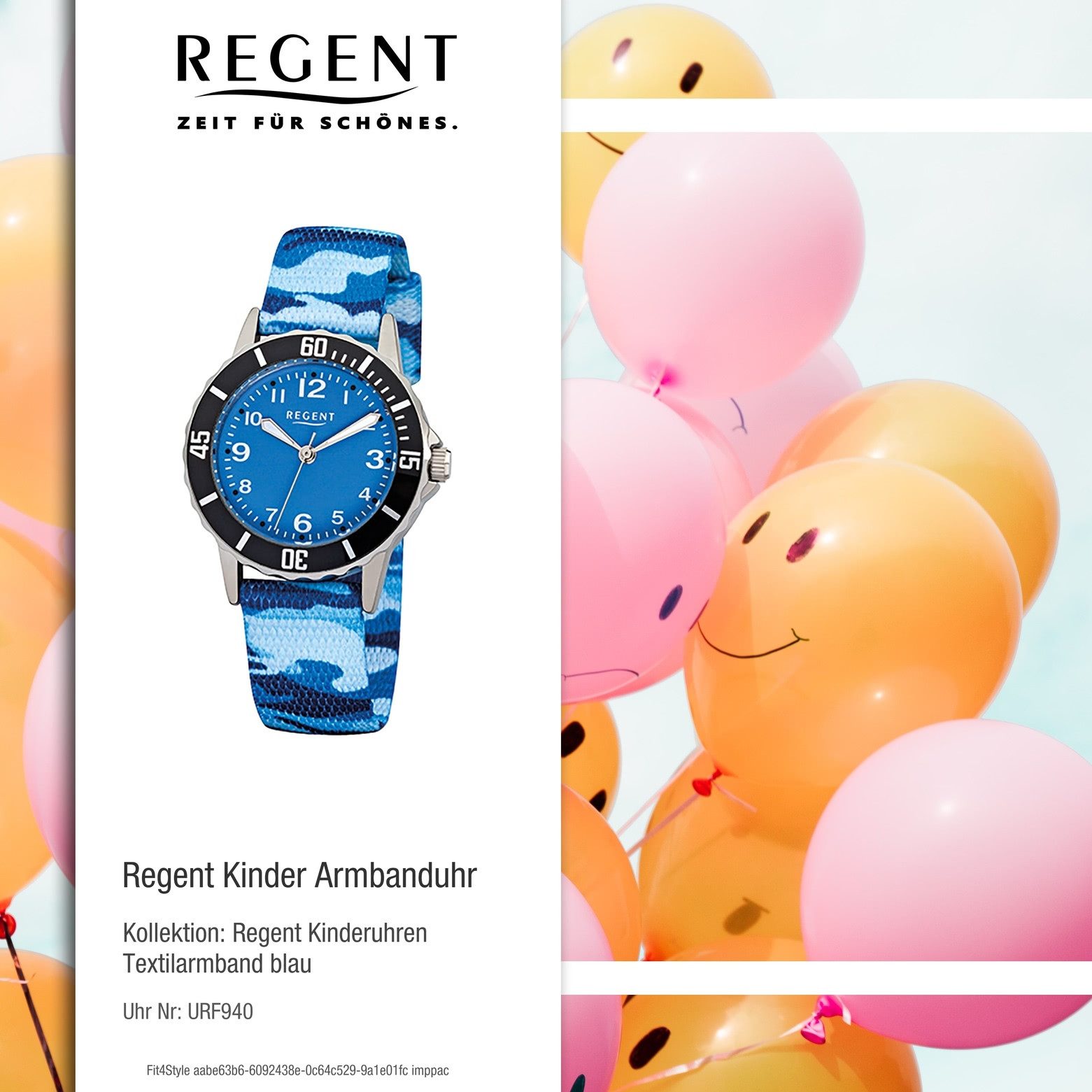 Regent Quarzuhr Regent Kinder-Armbanduhr blau Analog F-940, (Analoguhr), Kinder Armbanduhr rund, klein (ca. 29mm), Textil, Stoffarmband – Bild 4 von 5