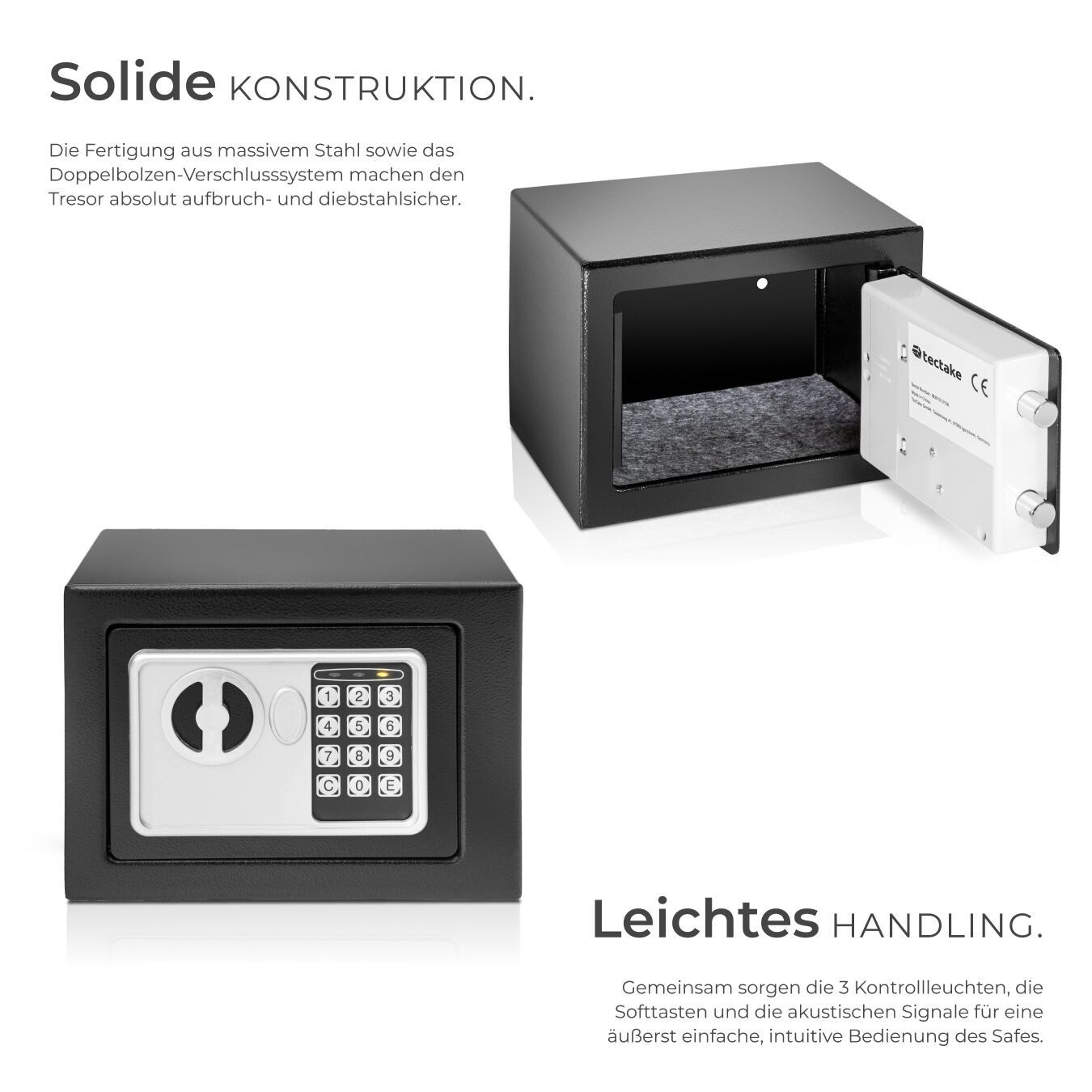 tectake Tresor Elektronischer Safe (17 x 23 x 17 cm, Abmessungen), mit Doppelbolzen-Verschlusssystem