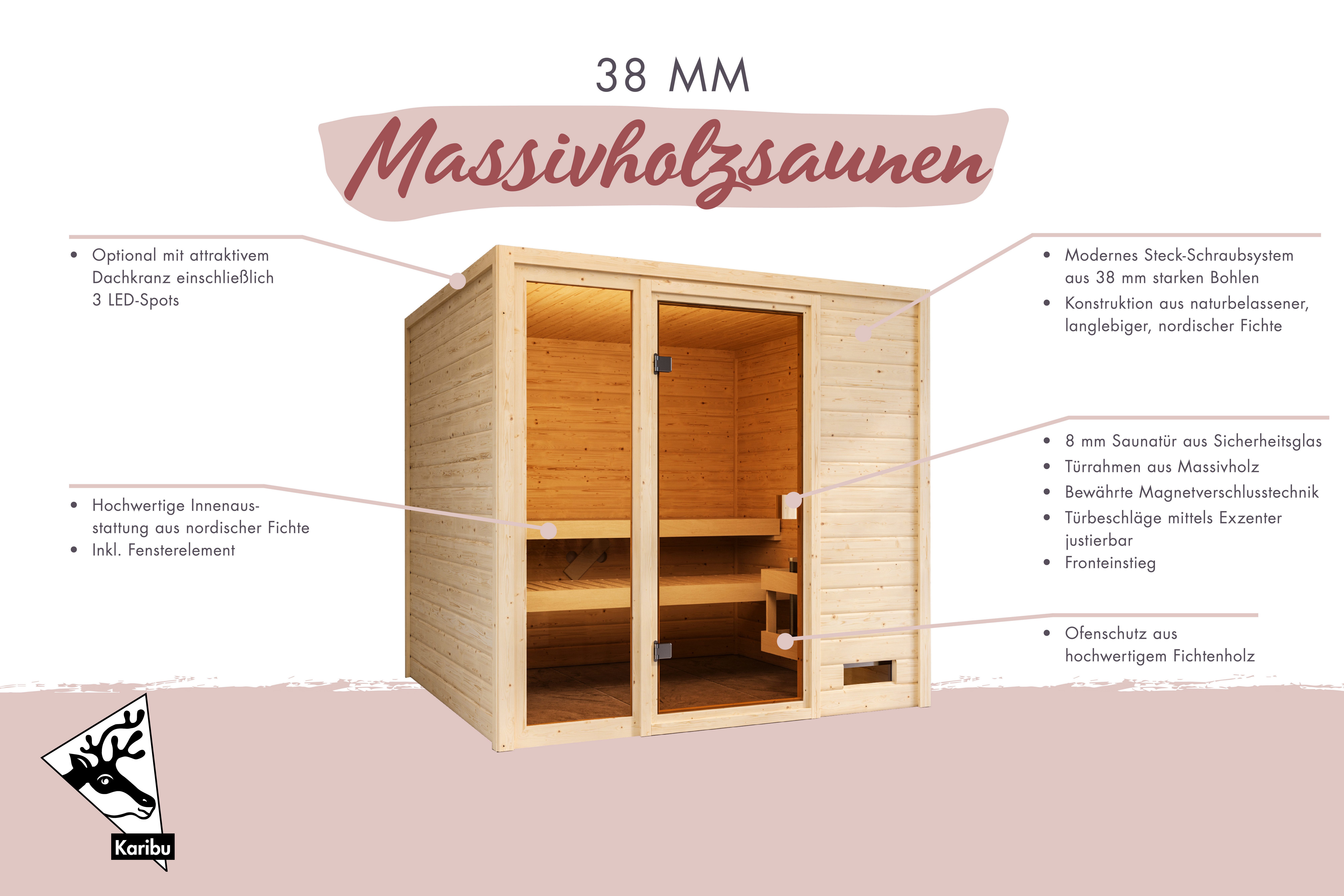 Karibu Sauna "Jackie" mit bronzierter Tür, naturbelassen, BxTxH: 196 x 195 x 187 cm, 38 mm, aus hochwertiger nordischer Fichte