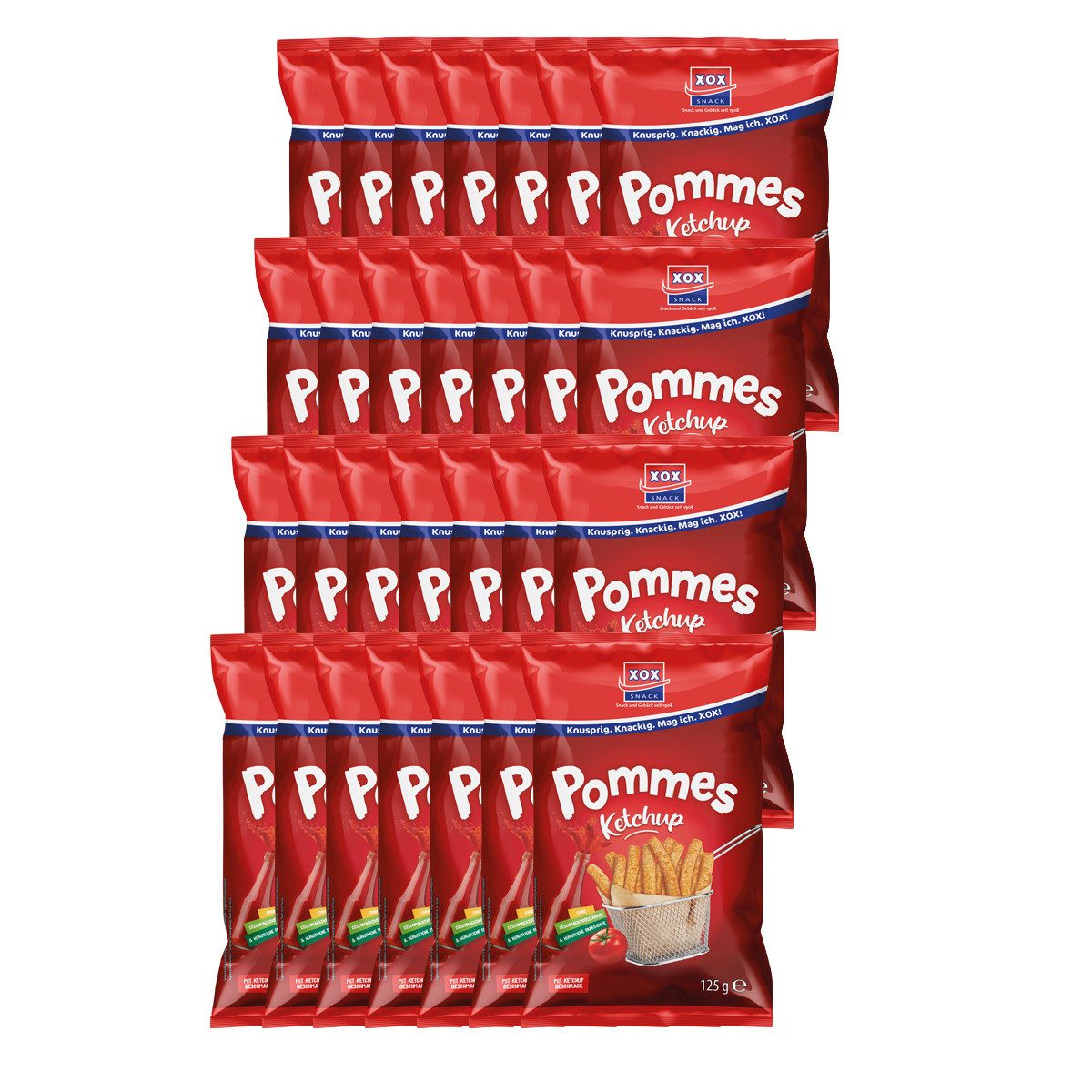 XOX Knabberei, XOX Pommes Snack mit Ketchup Geschmack knusprig tomatig 25g 24er Pack