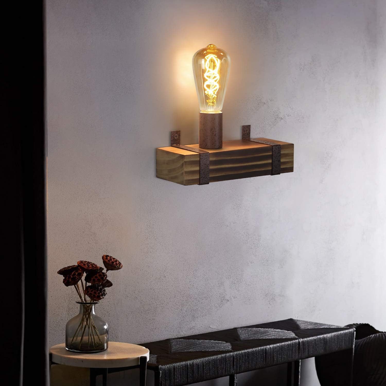 Nettlife Wandleuchte Vintage Wandleuchte E27 Holz Retro 23CM, LED wechselbar
