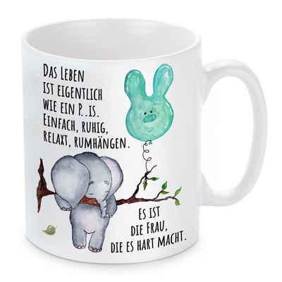 Herzbotschaft Tasse Kaffeebecher mit Motiv Das Leben ist eigentlich wie ein P..nis, Keramik, Kaffeetasse spülmaschinenfest und mikrowellengeeignet