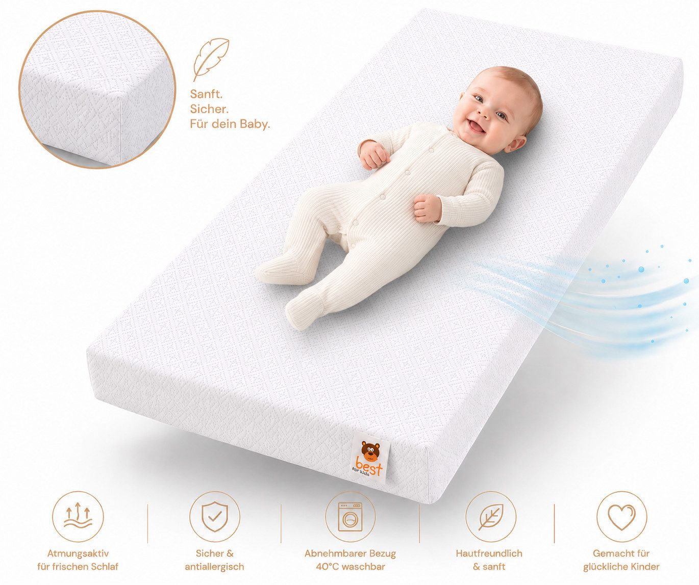 Kindermatratze – Premium, Sicher, Atmungsaktiv & Allergikerfreundlich, Best for Kids, 10 cm hoch, (Kindermatratze, 1x Kinder Matratze), allergikerfreundlich, schadstoffgeprüft, mittlerer Härtegrad