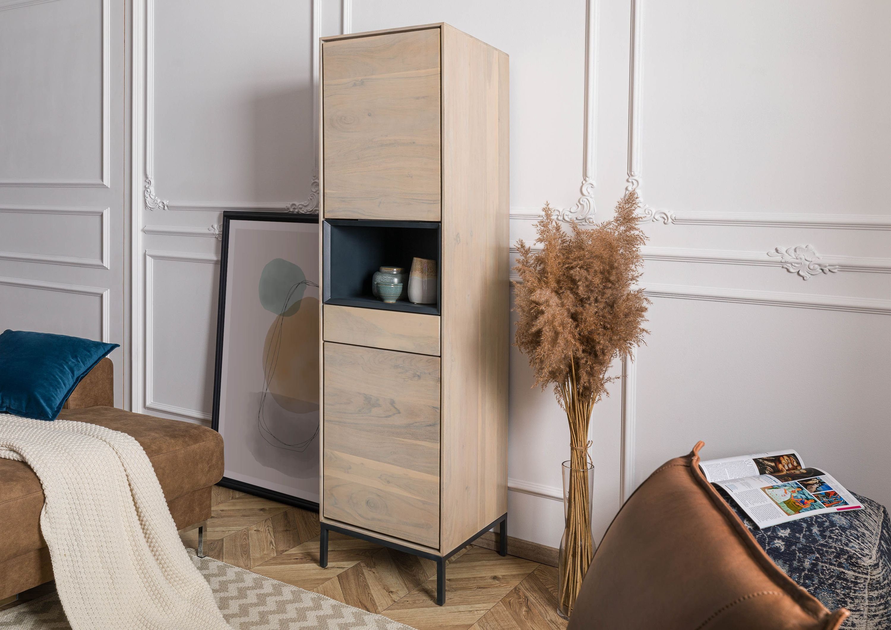 Massivmoebel24 Highboard CHICAGO (Massivholz), Highboard Akazie 45x45x175 grau-weiß geölt CHICAGO #10