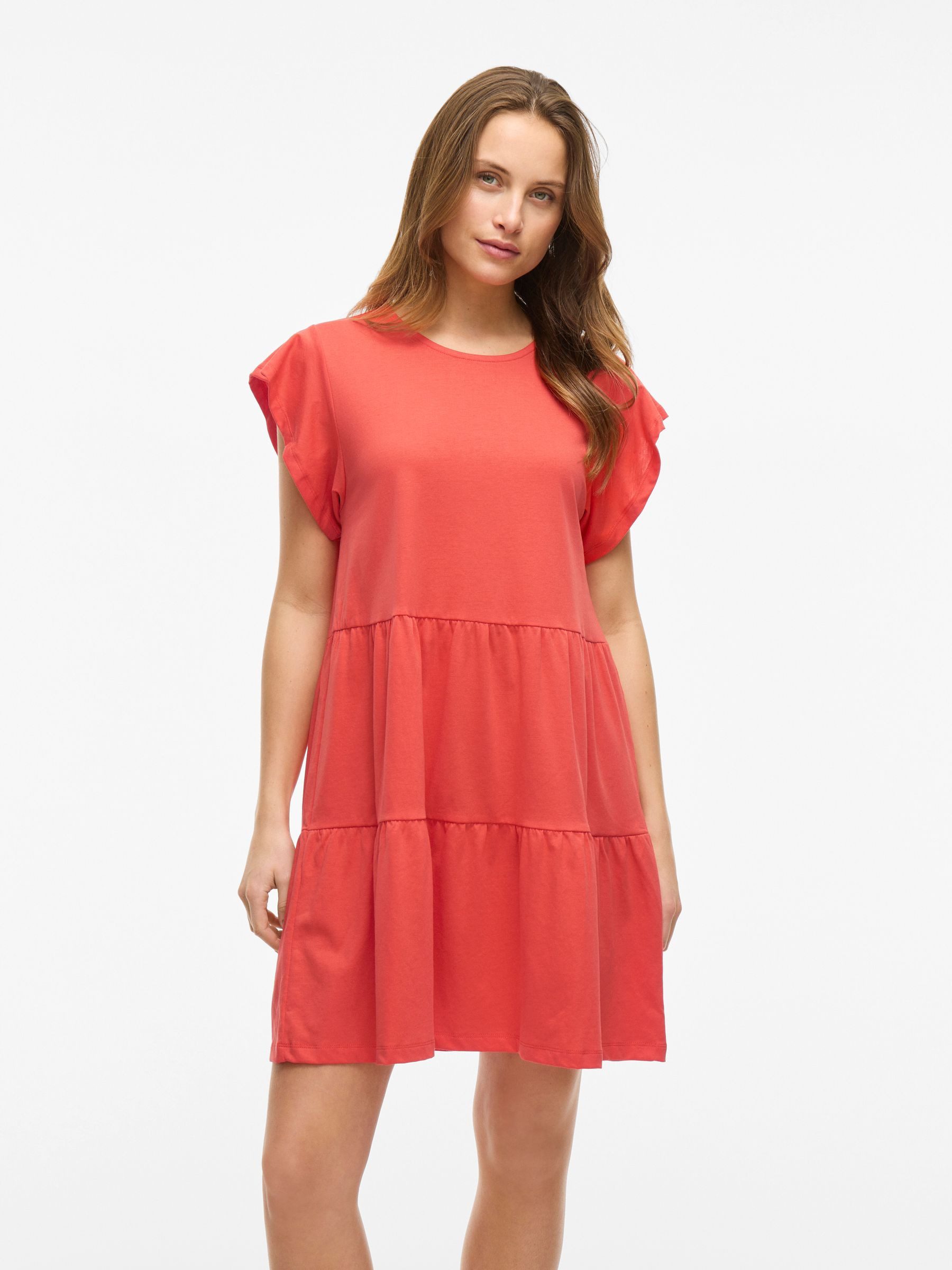Vila Shirtkleid Kurzärmeliges Volant Design mit Rüschen und Rundhals für Damen (kurz) Bio-Baumwolle nachhaltig Regulär geschnitten Fit unifarben