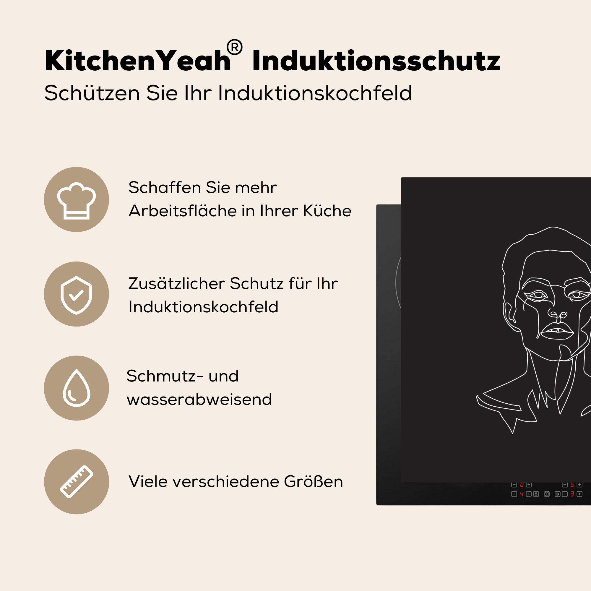 MuchoWow Herdblende-/Abdeckplatte Strichzeichnung - (1 Ceranfeldabdeckung, cm, tlg), 78x78 küche Frau - Kopf, für Vinyl, Arbeitsplatte