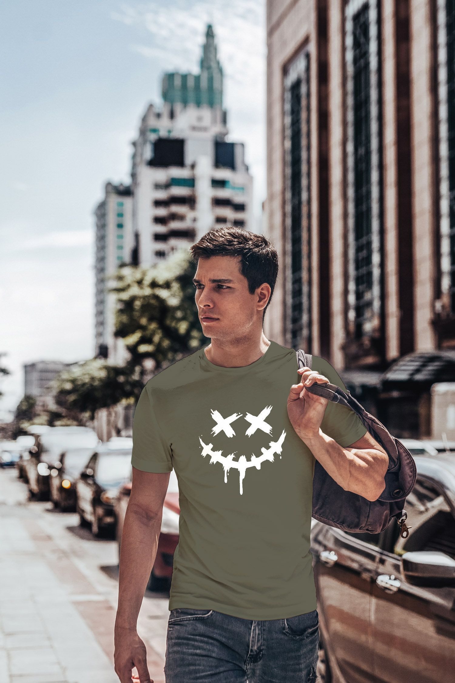 Neverless Print-Shirt Herren T-Shirt Bedruckt Techwear Fashion Streetstyle Smiling Face mit Print