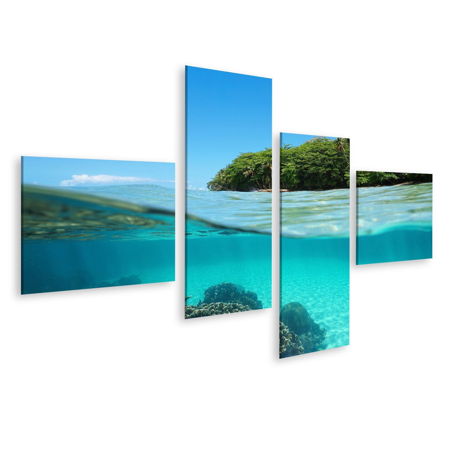 islandburner Leinwandbild Bild auf Leinwand Lush Tropical Shore Korallen Unterwasser Split Blick
