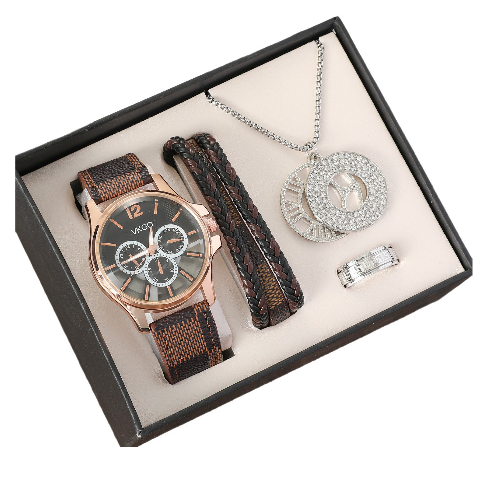 ibettertec Geschenkbox Geschenkbox 4PCS Geschenk für Männer Herrenuhr Gürtel Set (Mann Männer Geburtstag Hochzeitstag Geschenke, Geburtstag, Vattertag, Valentinstag Geschenk,Weihnachtsgeschenk, 4 St), Quarzuhren,Armbänder, Halsketten, Ringe