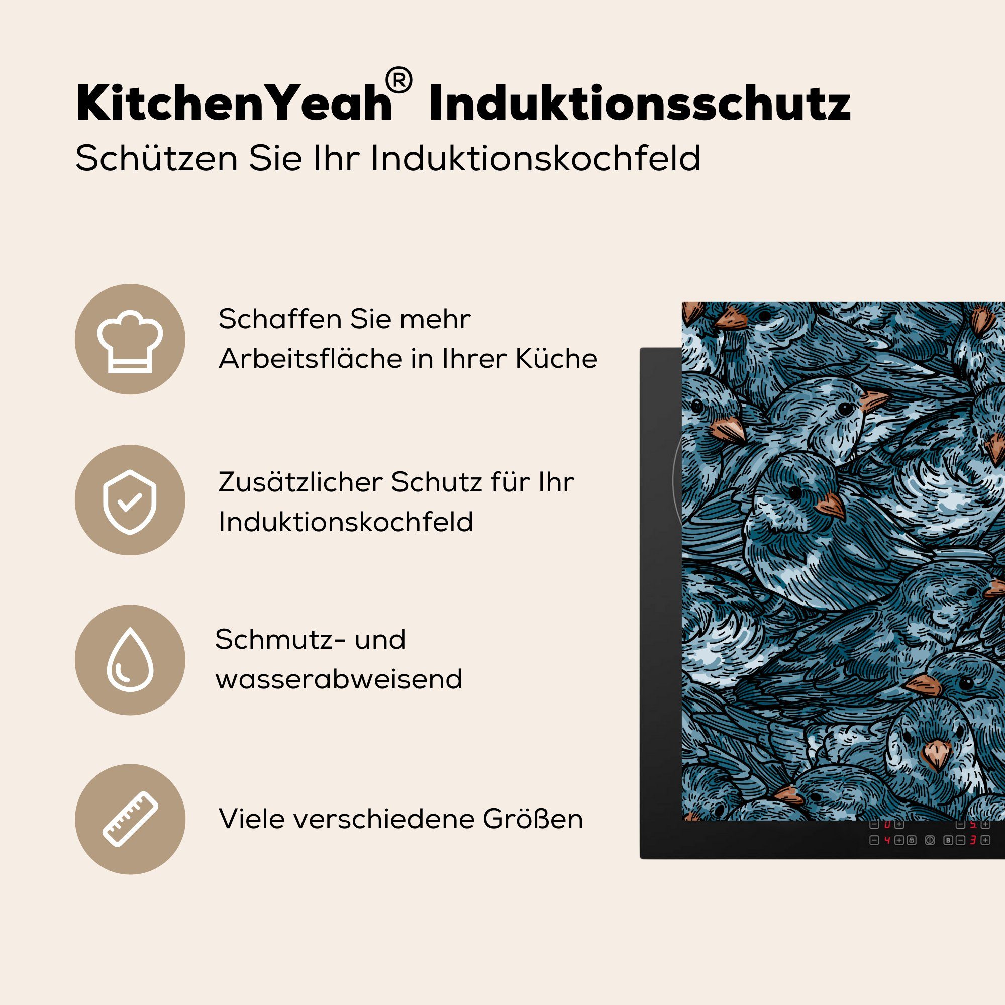 (1 78x78 - Ceranfeldabdeckung, Blau Vinyl, tlg), Muster, für - Arbeitsplatte cm, MuchoWow Vogel küche Herdblende-/Abdeckplatte