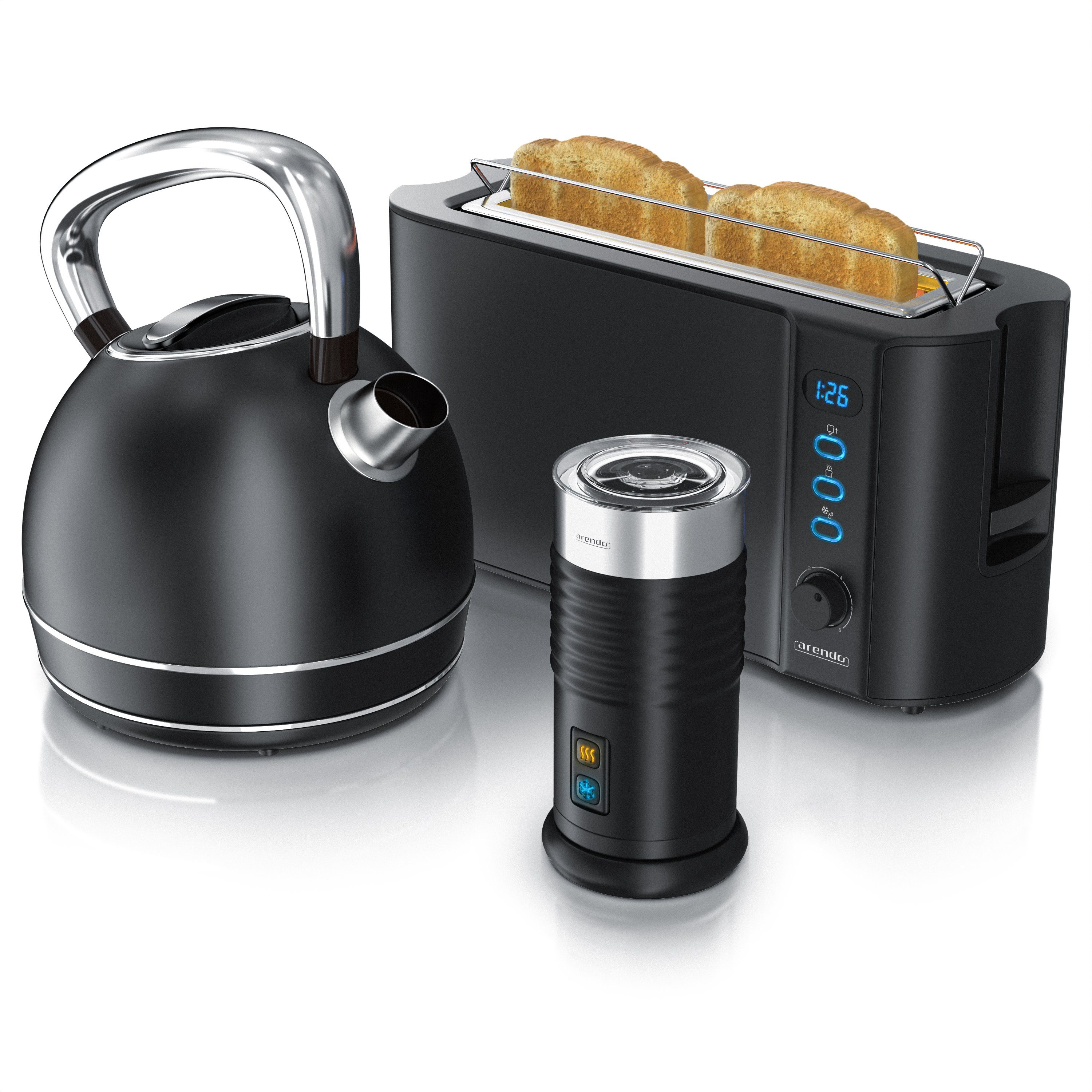 Arendo Frühstücks-Set (3-tlg), Wasserkocher 1,7l / Toaster / Milchaufschäumer, Edelstahl, Schwarz