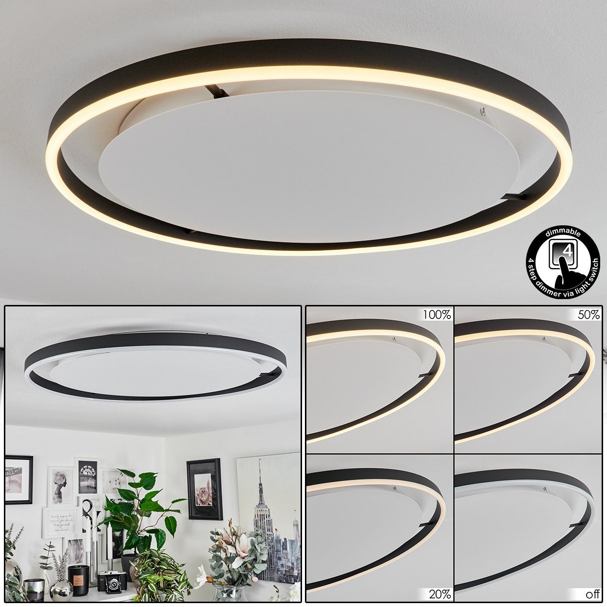 hofstein Deckenleuchte »Cariglio« dimmbare Deckenlampe aus Metall/Kunststoff in Schwarz/Weiß, 3000 Kelvin, über herkömmlichen Lichtschalter dimmbar, Lichtring, LED, 3650 Lumen