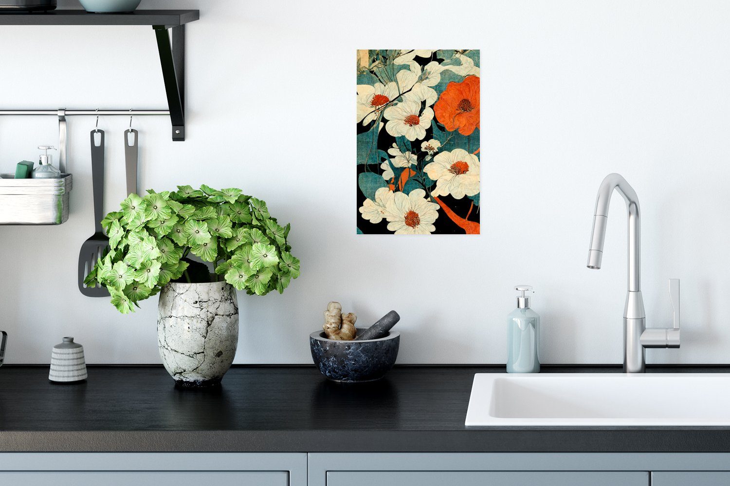 MuchoWow Poster Blumen - Pflanzen (1 Vintage Wandposter Poster, Wohnzimmer, Ohne Orange, - Rahmen für Asien St), - - Wandbild