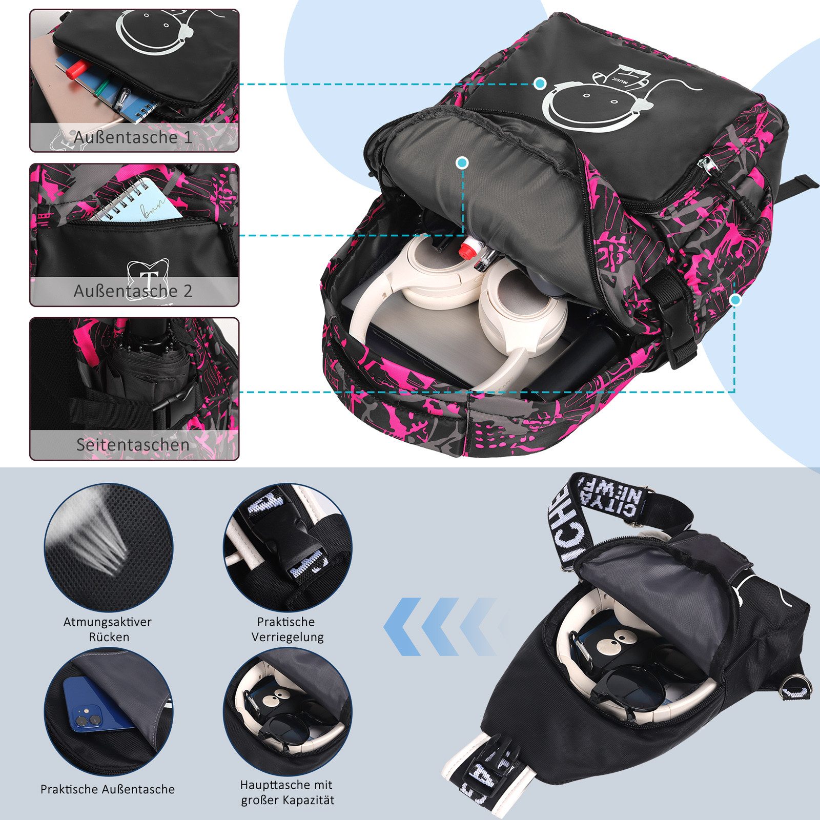 TAN.TOMI Schulrucksack Rucksack Jungen Schulrucksack Mädchen Teenager Jugendliche Daypacks, Kinder Reflektierender Schultasche Outdoor Camping Groß Schulranzen