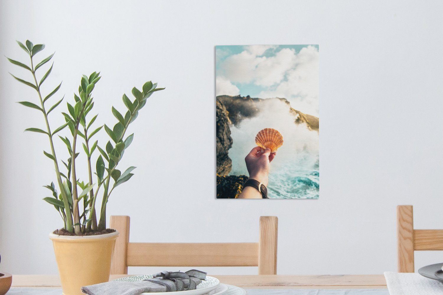OneMillionCanvasses® Leinwandbild 20x30 Muschel Gemälde, cm - St), Meer Strand, Zackenaufhänger, fertig - Leinwandbild inkl. bespannt (1