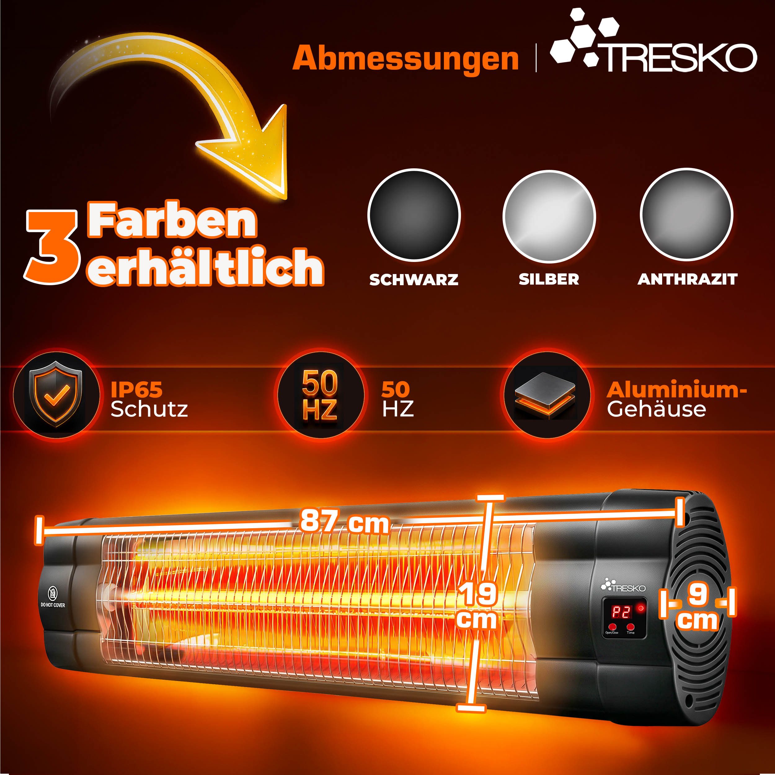 TRESKO Heizstrahler Infrarot Heizstrahler mit Fernbedienung, 3 Stufen & LED Anzeige, 2500 W, Wärmestrahler Wand Terrasse elektrisch Terrassenstrahler – Bild 3 von 5