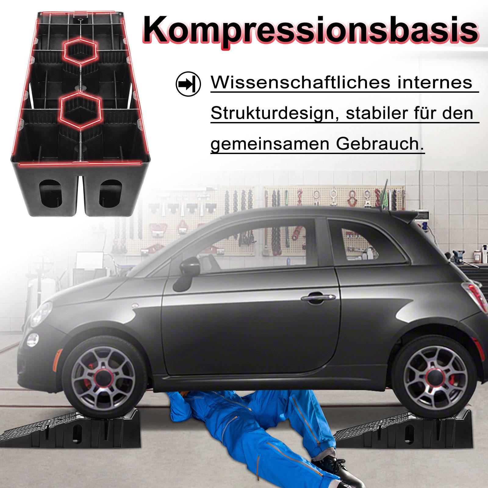FIVMEN Auffahrrampe Kunststoff KFZ Rampe Set Auffahrt Plattform Hebebühne bis 2.5 Tonnen (2er Set), für Schwerere Fahrzeuge Pkw Auto – Bild 4 von 5